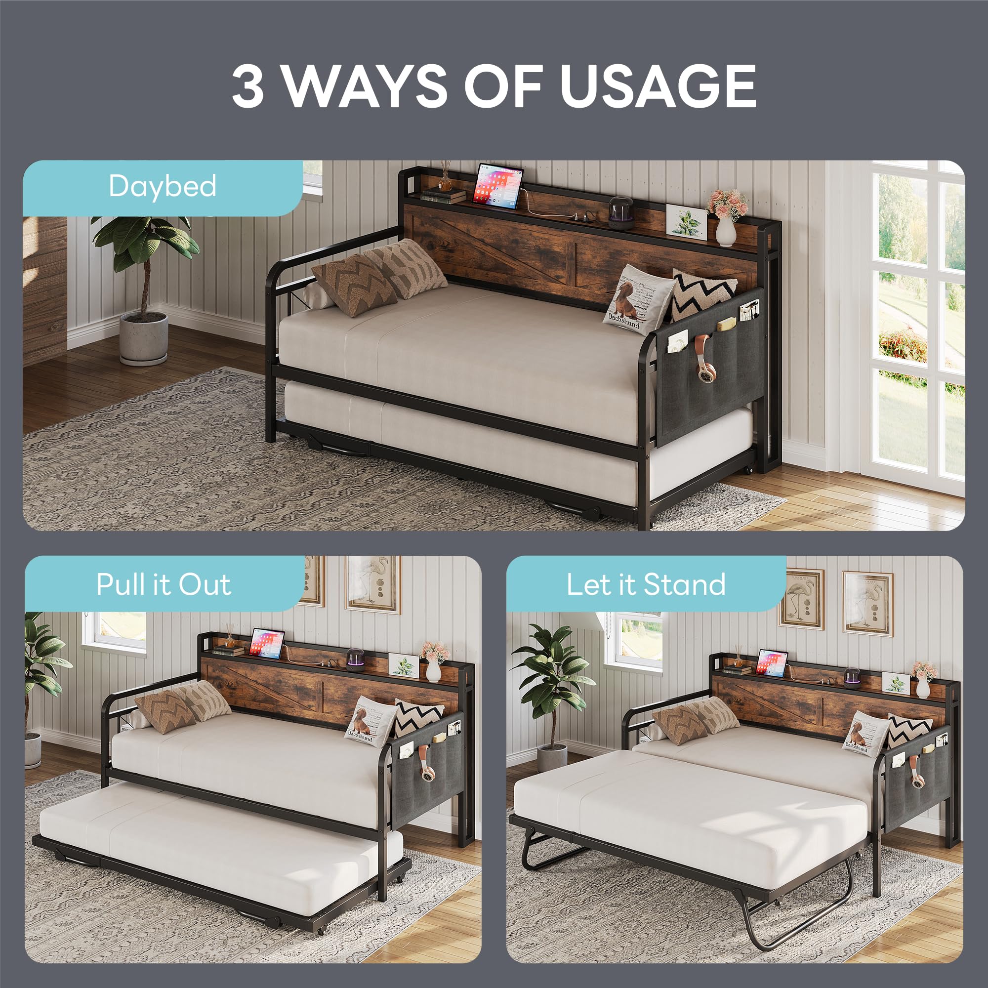Twin Daybed with Trundle, Storage Headboard with Charging Station, Sturdy Sofa Bed for Bedroom, Living Room, Industrial Brown