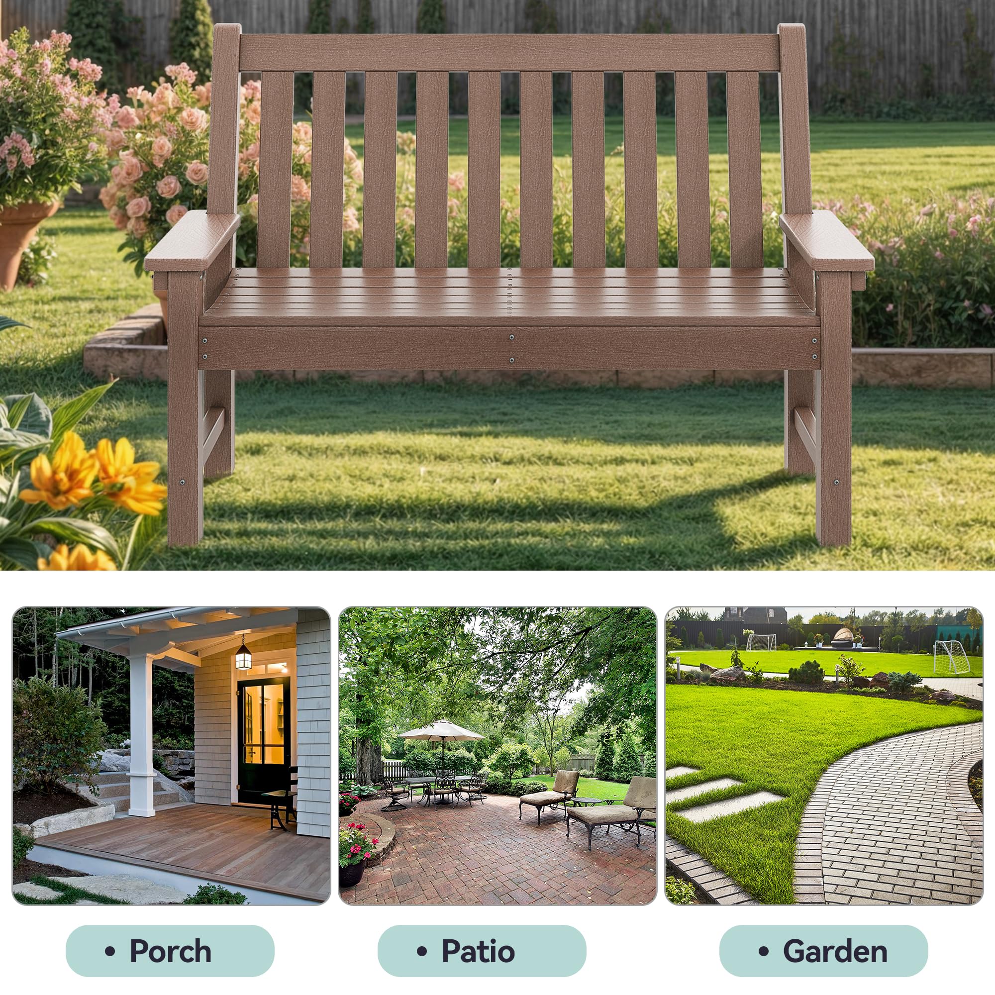 HDPE Garden Bench, All-Weather Outdoor Bench for 2-3 Persons, 661 lbs Capacity, Fade & Rot Resistant for Patio, Park, Porch, Brown