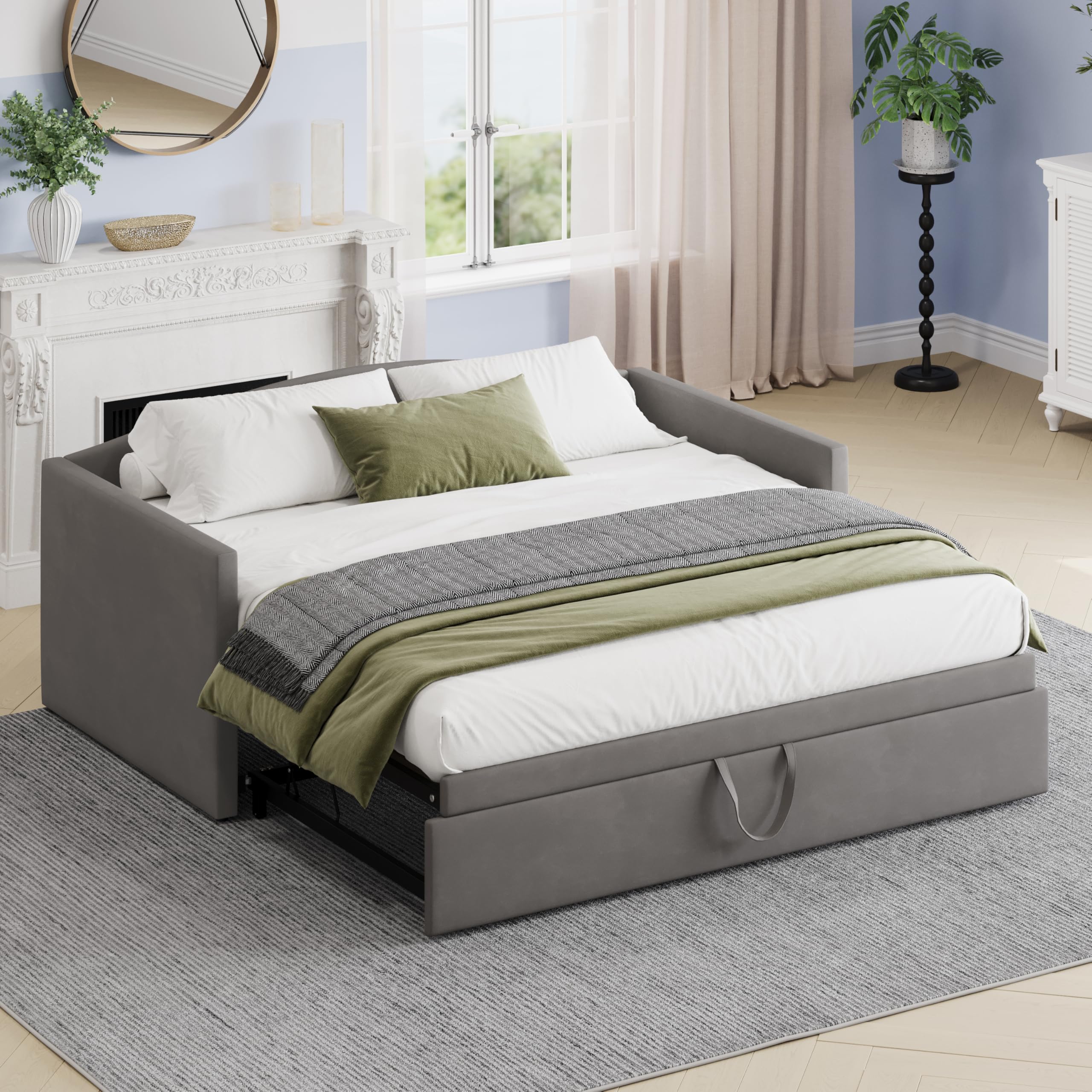 Twin Size Velvet Daybed with Extended Pop Up Trundle, Upholstered Sofa Bed Daybed, Space-Saving Twin to King Design for Guest Room, Gray