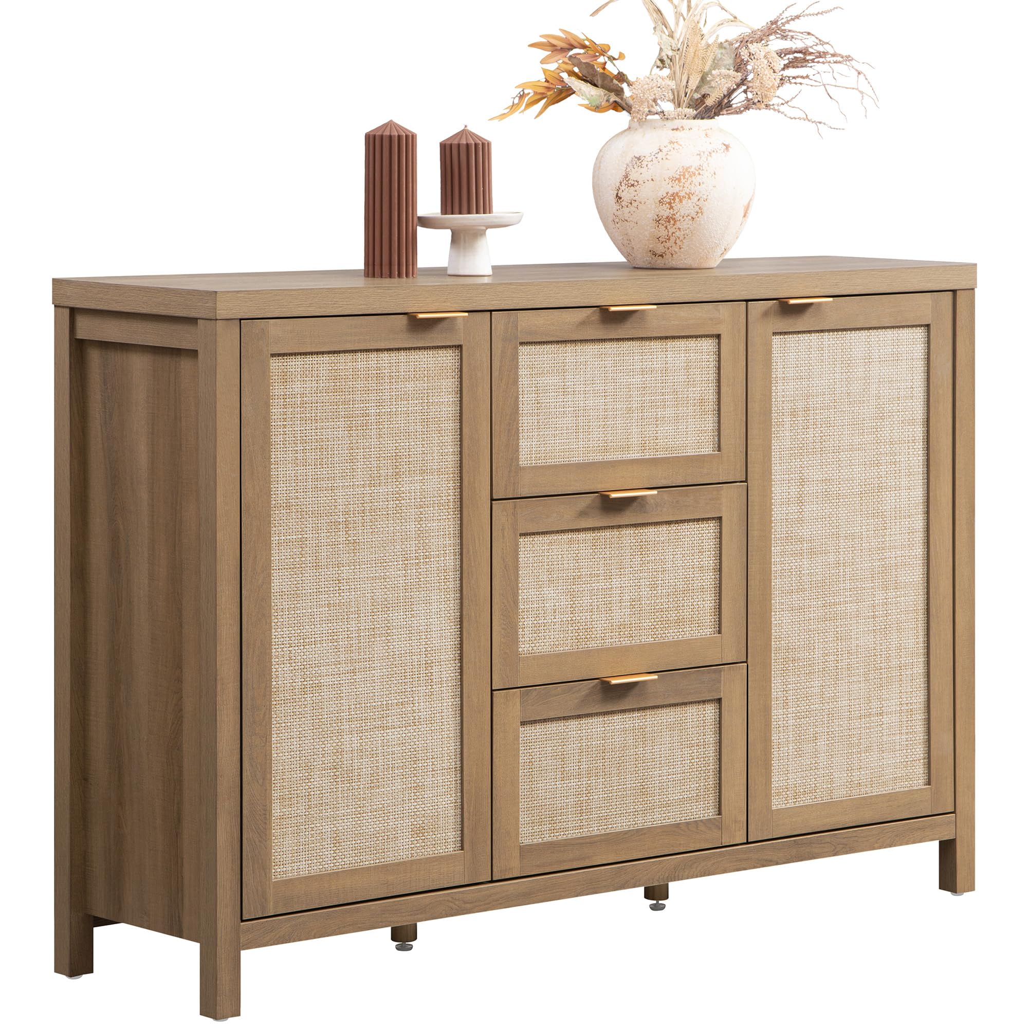 Rattan Sideboard Buffet Cabinet with Storage - 52" Larger Farmhouse Credenza Storage Coffee Bar Cabinet with 3 Drawers & 2 Doors, Boho
