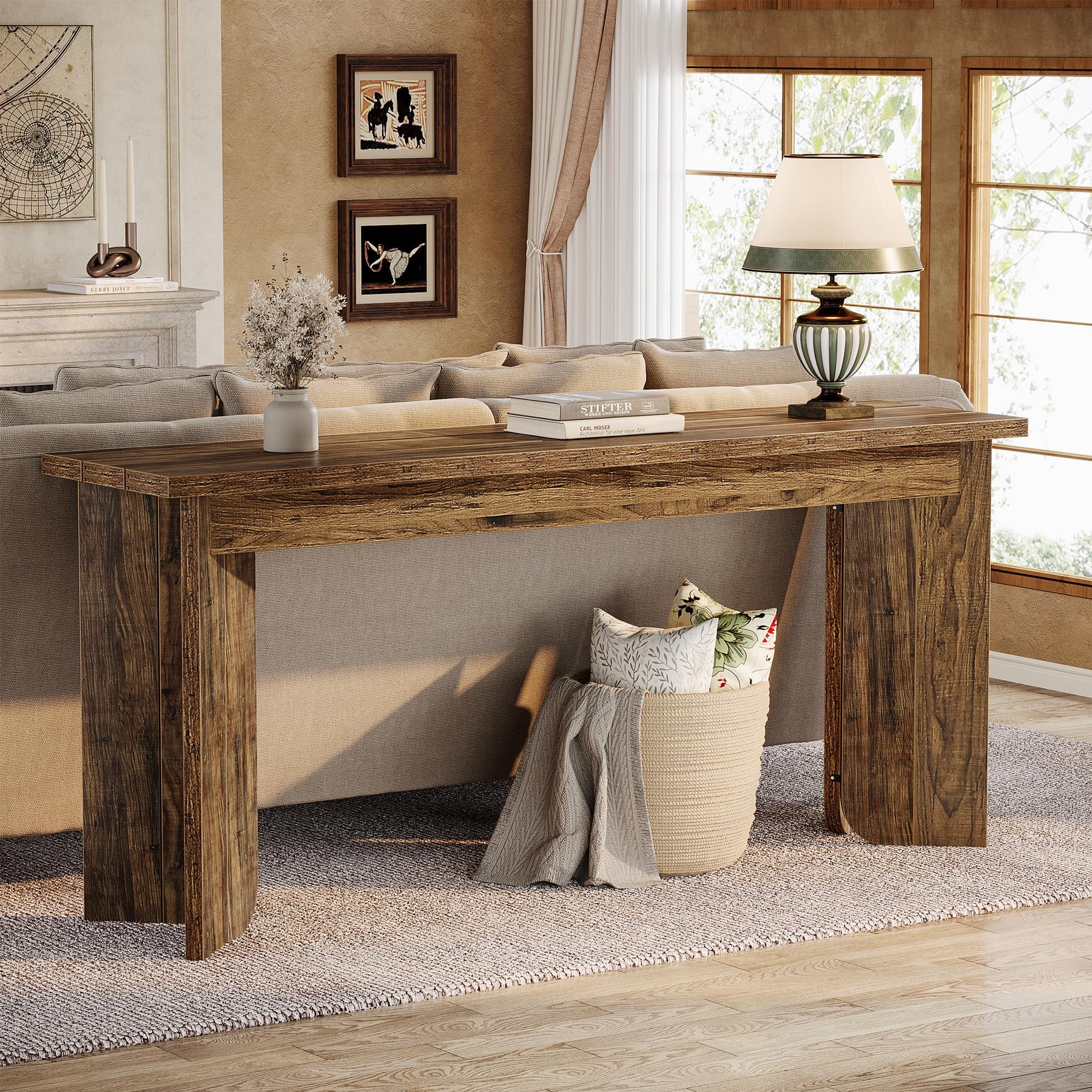 70.9" Wooden Sofa Console Table, Extra Long Farmhouse Entryway Table with Widened Top & Double Pedestal Base for Living Room, Rustic Brown