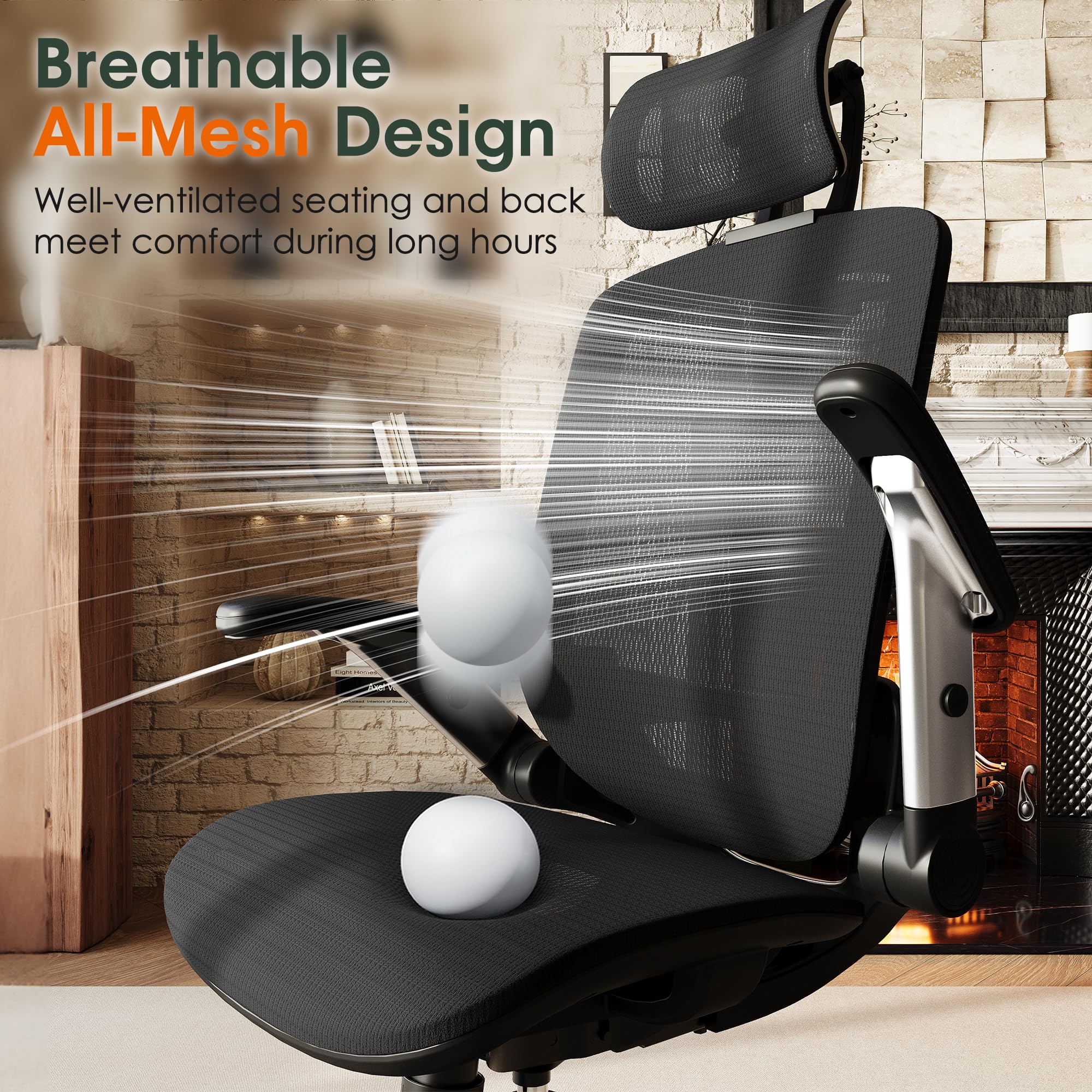 Ergonomic Office Chair, High Back Desk Chair with Headrest, Flip-Up Arms, Tilt Lock, Wide Cushion, Big & Tall Mesh Task Chair, Black