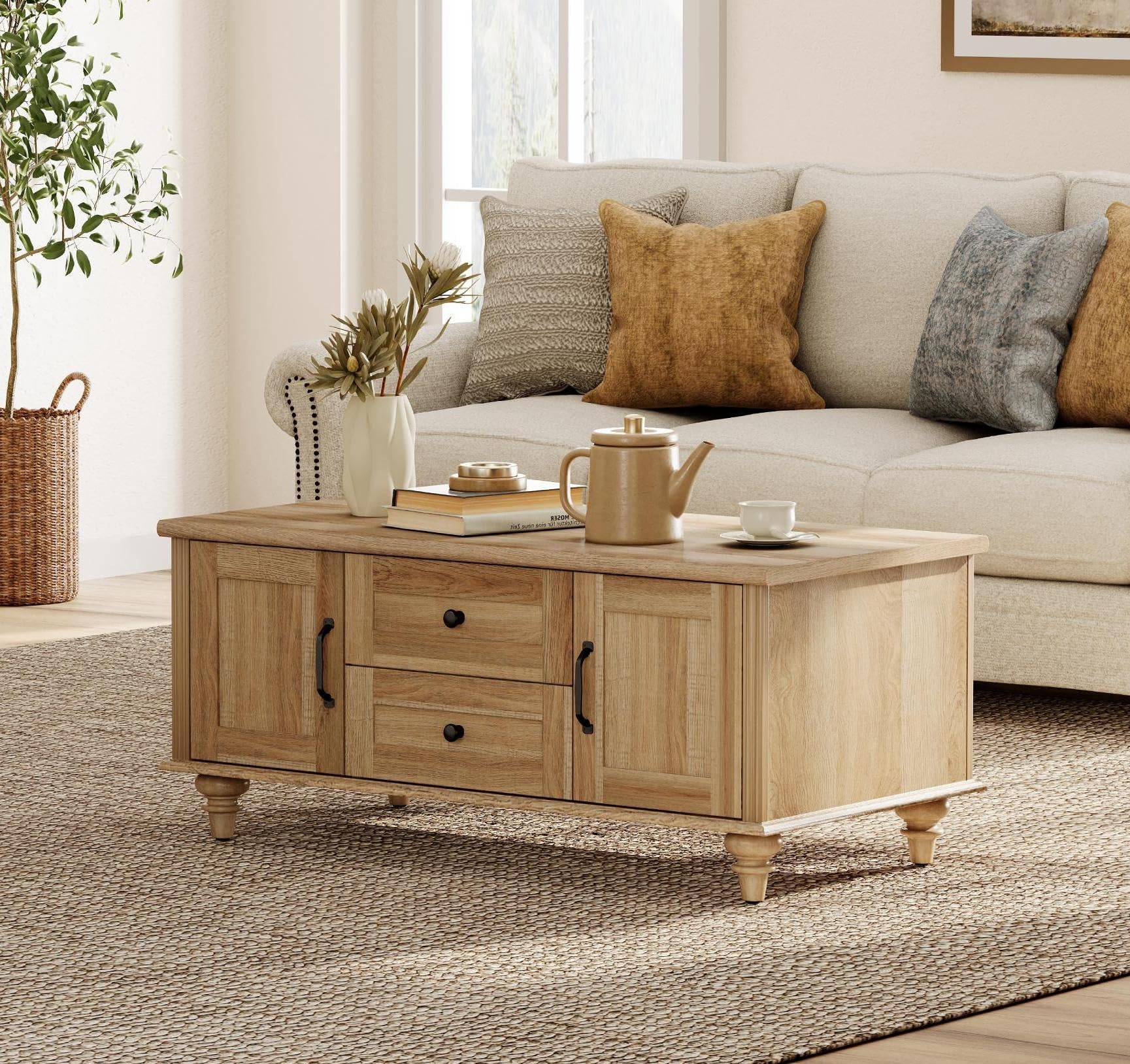 Farmhouse Coffee Table with Storage Cabinet, Wooden Coffee Tables for Living Room, Rustic Tea Table Rectangle Center Table with Drawers for Home, Oak