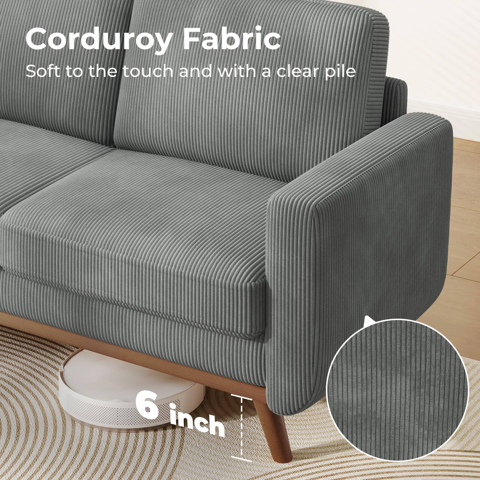 68" Loveseat Sofa Dark Gray, Comfy Corduroy Couch with Spring Cushion and Solid Wood, Modern Extra Deep Seat for Bedroom, Living Room, Office