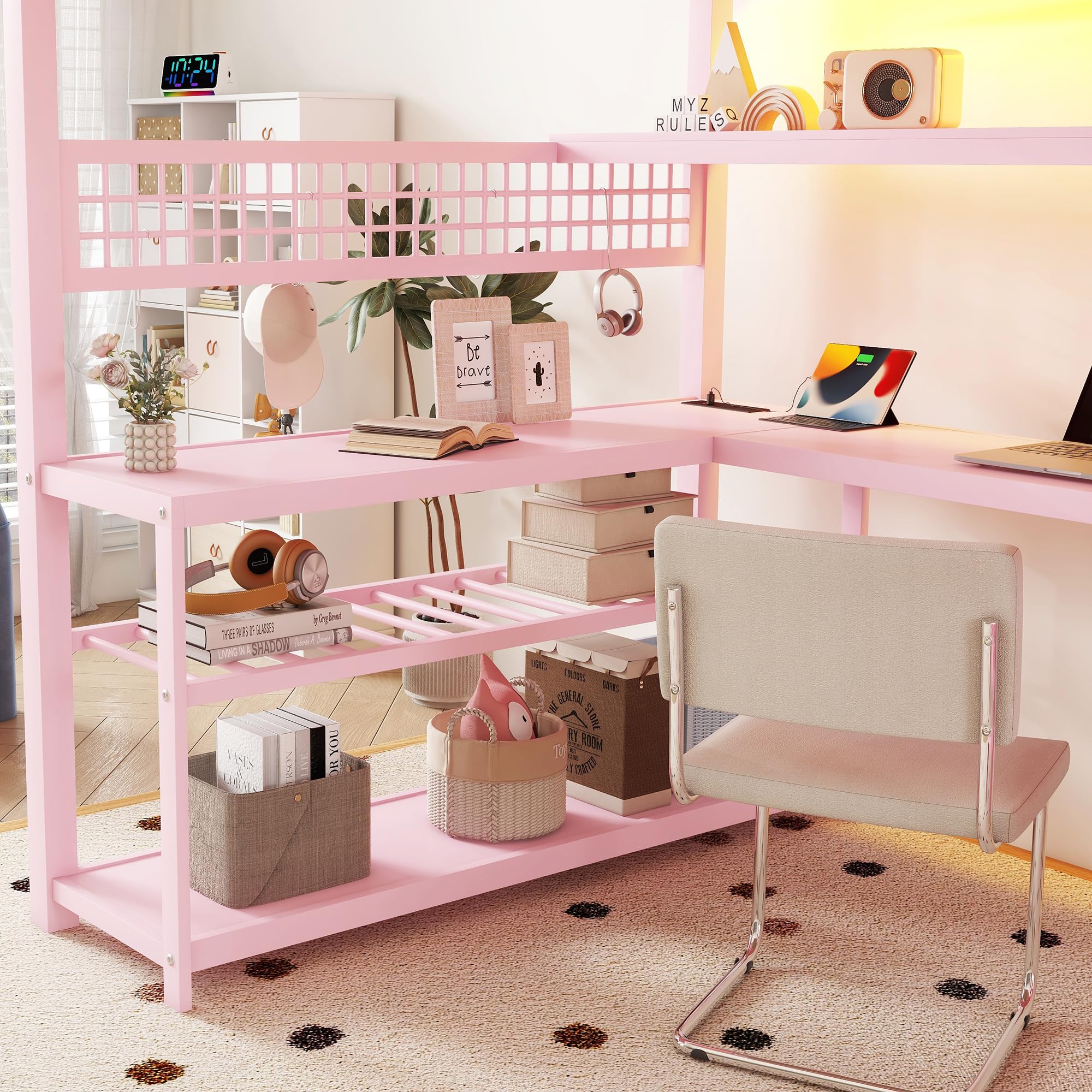 Full Size Metal Loft Bed with LED, Desk, Drawers, Shelves, Hanging Rod & Charging Station – Gaming Loft Bed for Teens/Kids, Pink