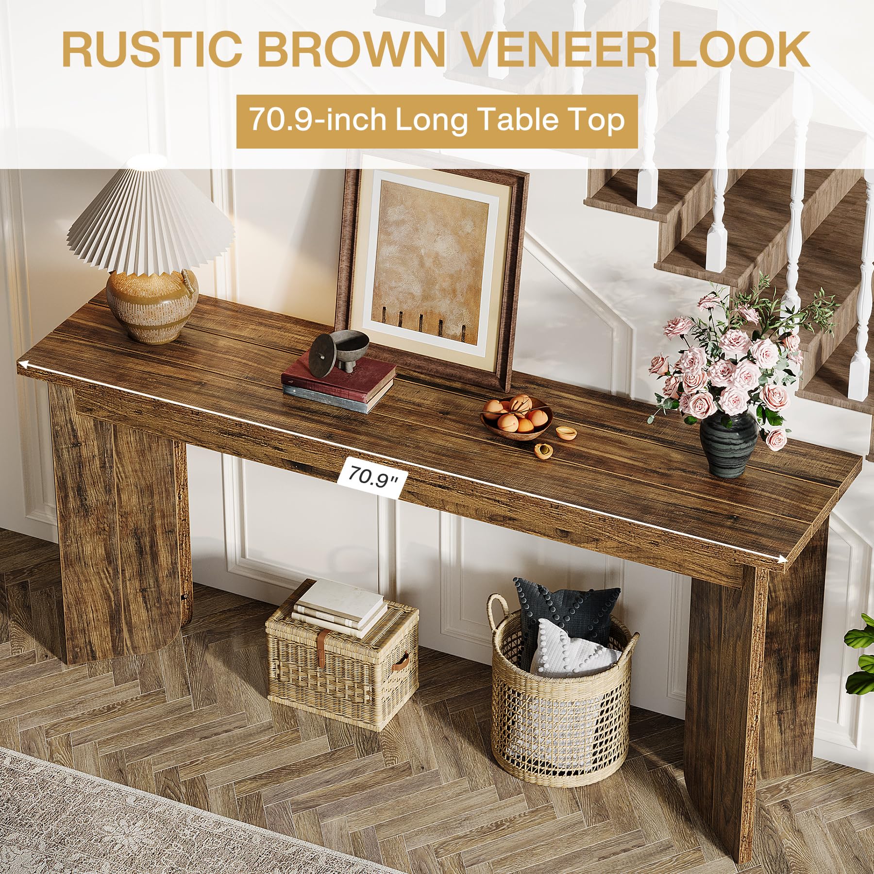 70.9" Farmhouse Console Table, Extra Long Wood Sofa Table with Widened Top & Double Pedestal Base for Living Room, Hallway, Foyer, Rustic Brown