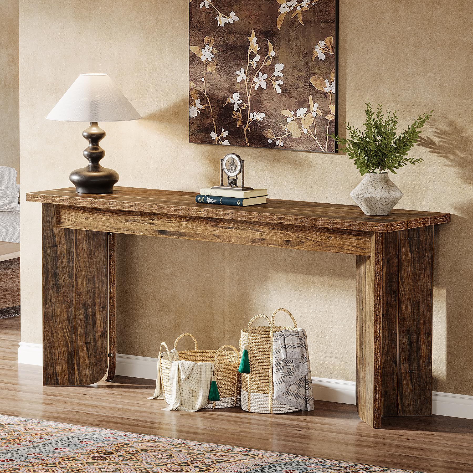 70.9" Wooden Sofa Console Table, Extra Long Farmhouse Entryway Table with Widened Top & Double Pedestal Base for Living Room, Rustic Brown