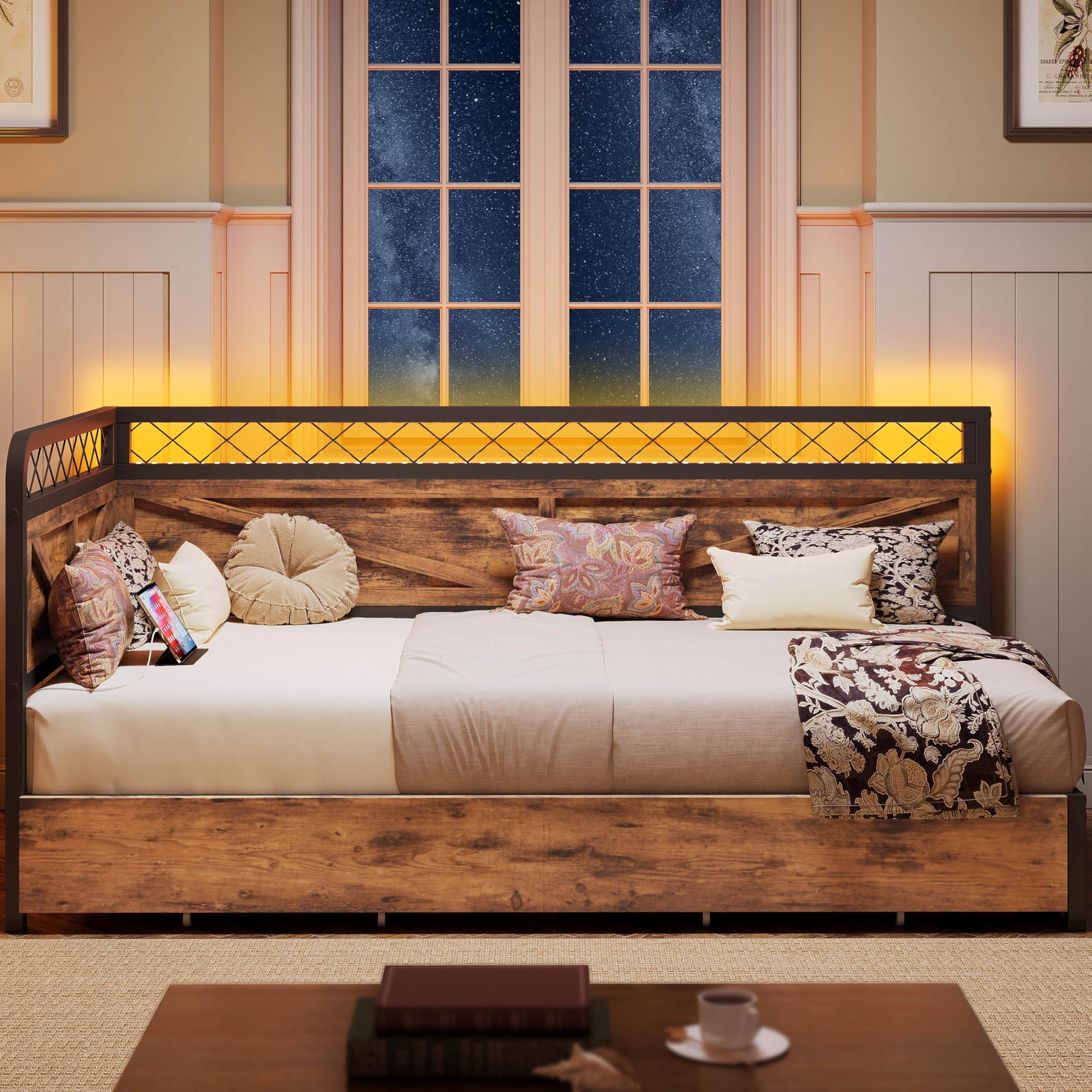 Twin Daybed with Storage Drawers, Corner Bed Frame with LED Lights and Charging Station for Living Room, Bedroom and Guest Room, Industrial Brown