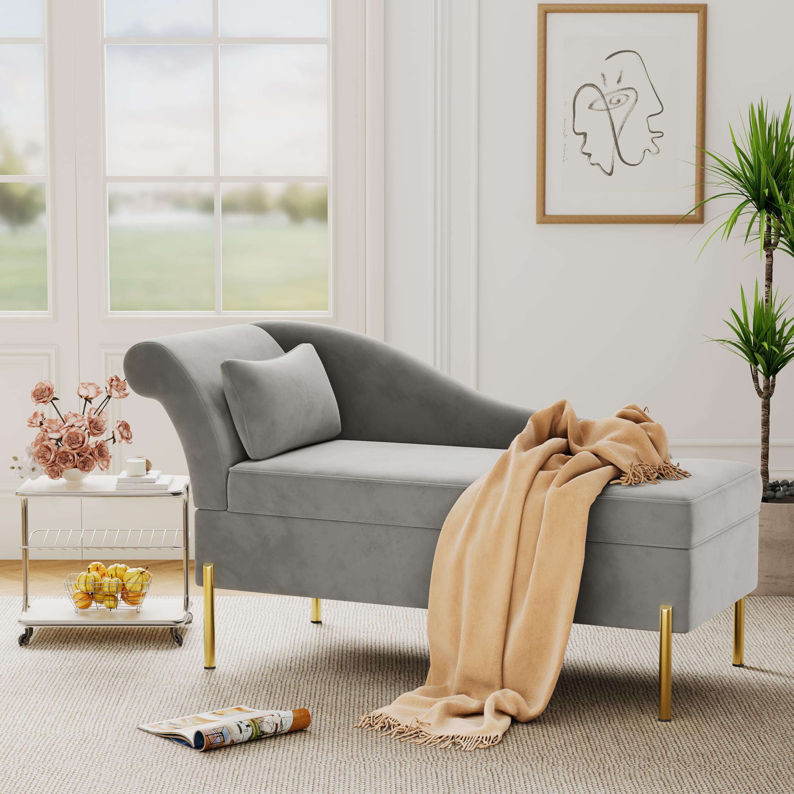 Velvet Chaise Lounge with Storage, Tufted Upholstered Recliner Sofa Chair for Bedroom, Living Room, Office, Light Grey, Left Armrest
