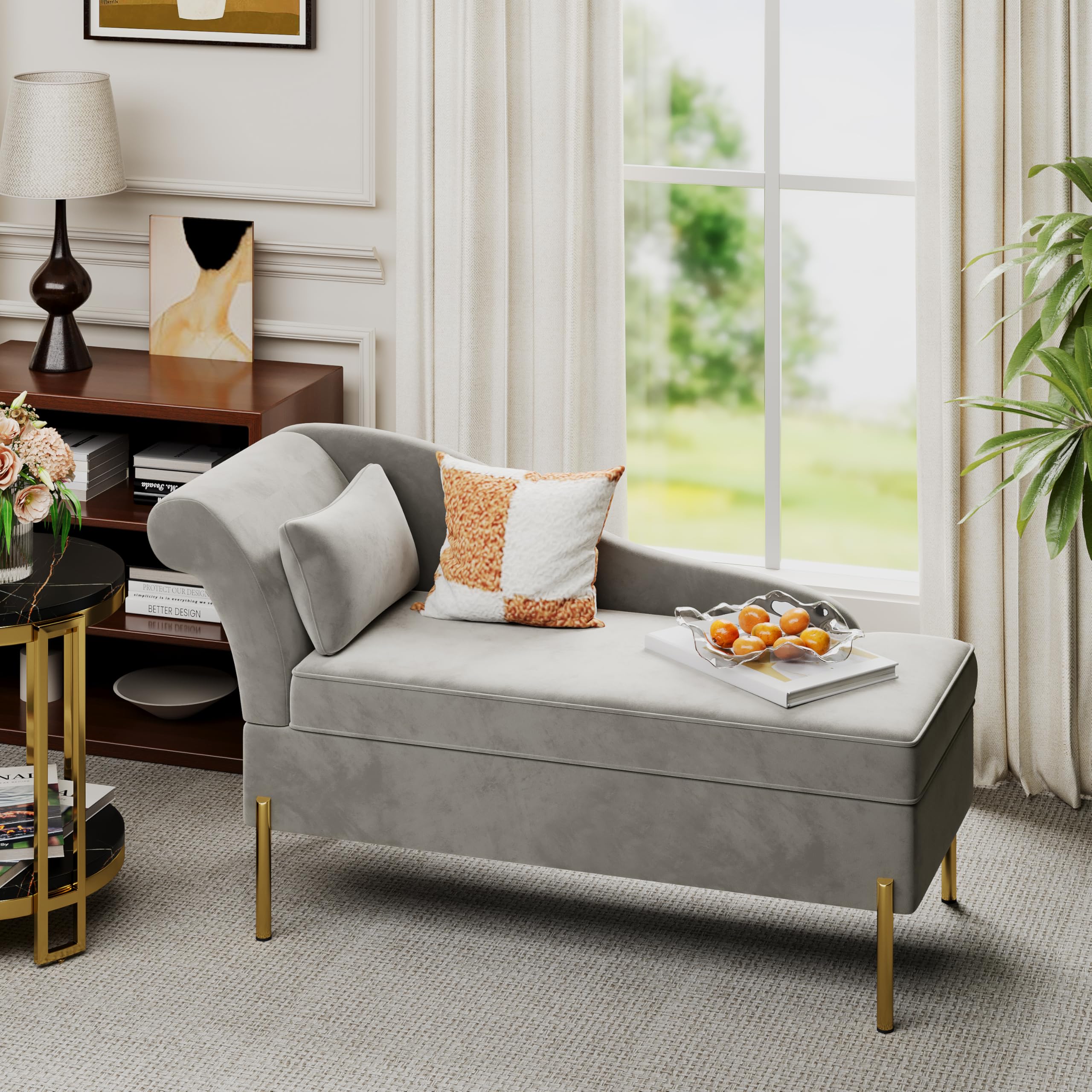 Velvet Chaise Lounge with Storage, Tufted Upholstered Recliner Sofa Chair for Bedroom, Living Room, Office, Light Grey, Left Armrest