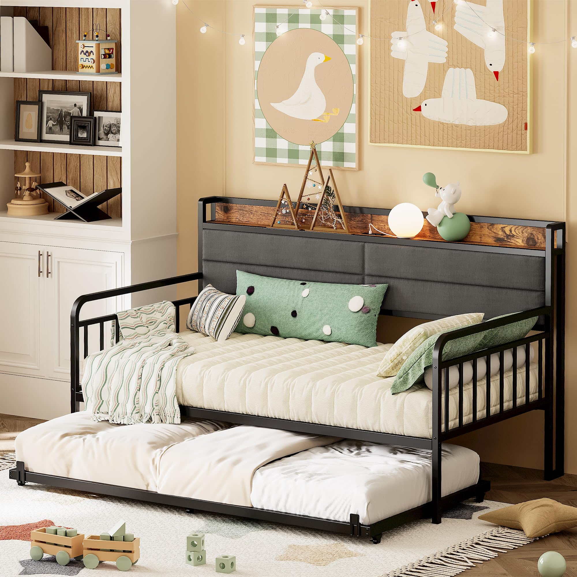 Twin XL Daybed with Trundle, Sturdy Metal Frame with Upholstered Headboard & Charging Station, Sofa Bed for Bedroom, Guest Room, Black