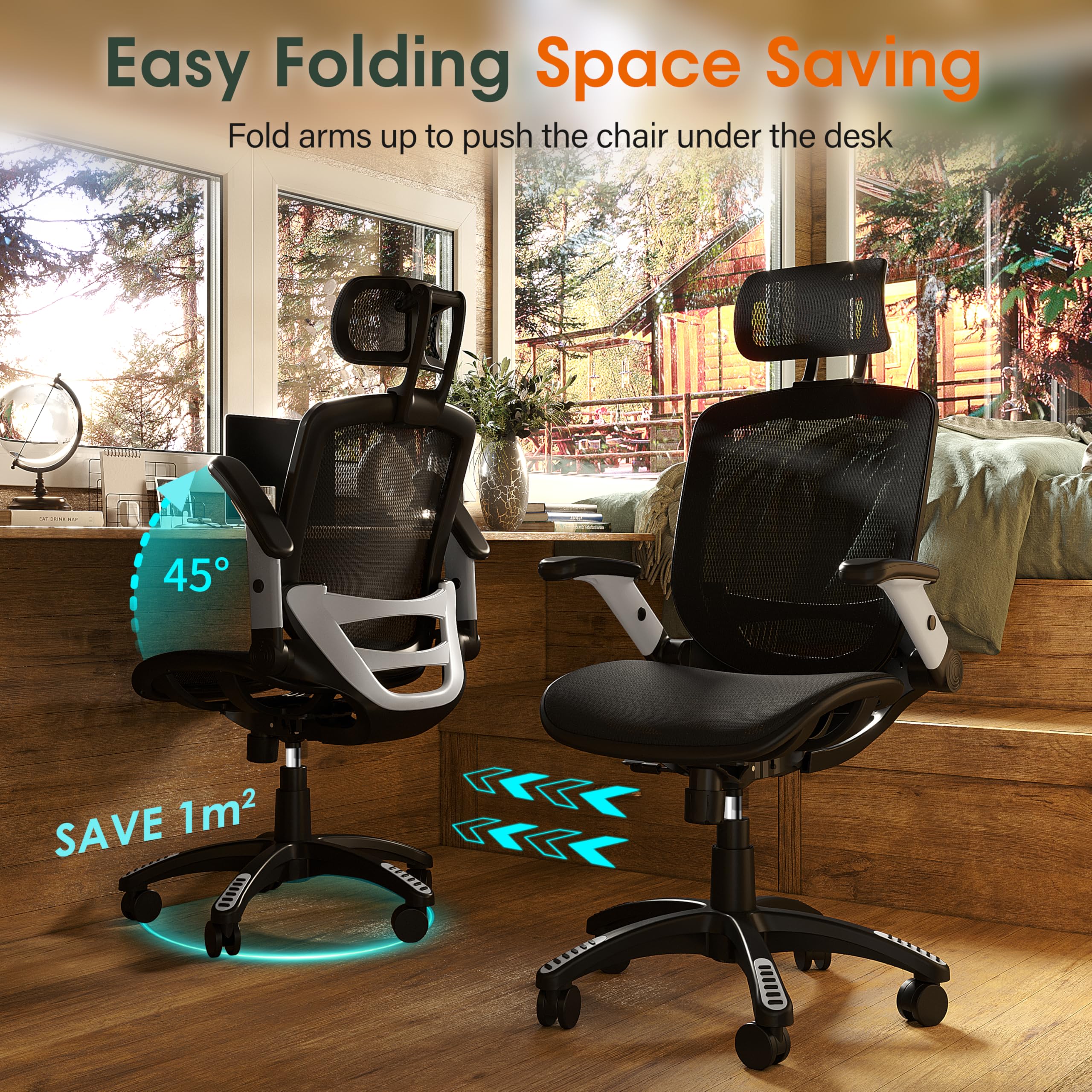 Ergonomic Office Chair, High Back Desk Chair with Headrest, Flip-Up Arms, Tilt Lock, Wide Cushion, Big & Tall Mesh Task Chair, Black