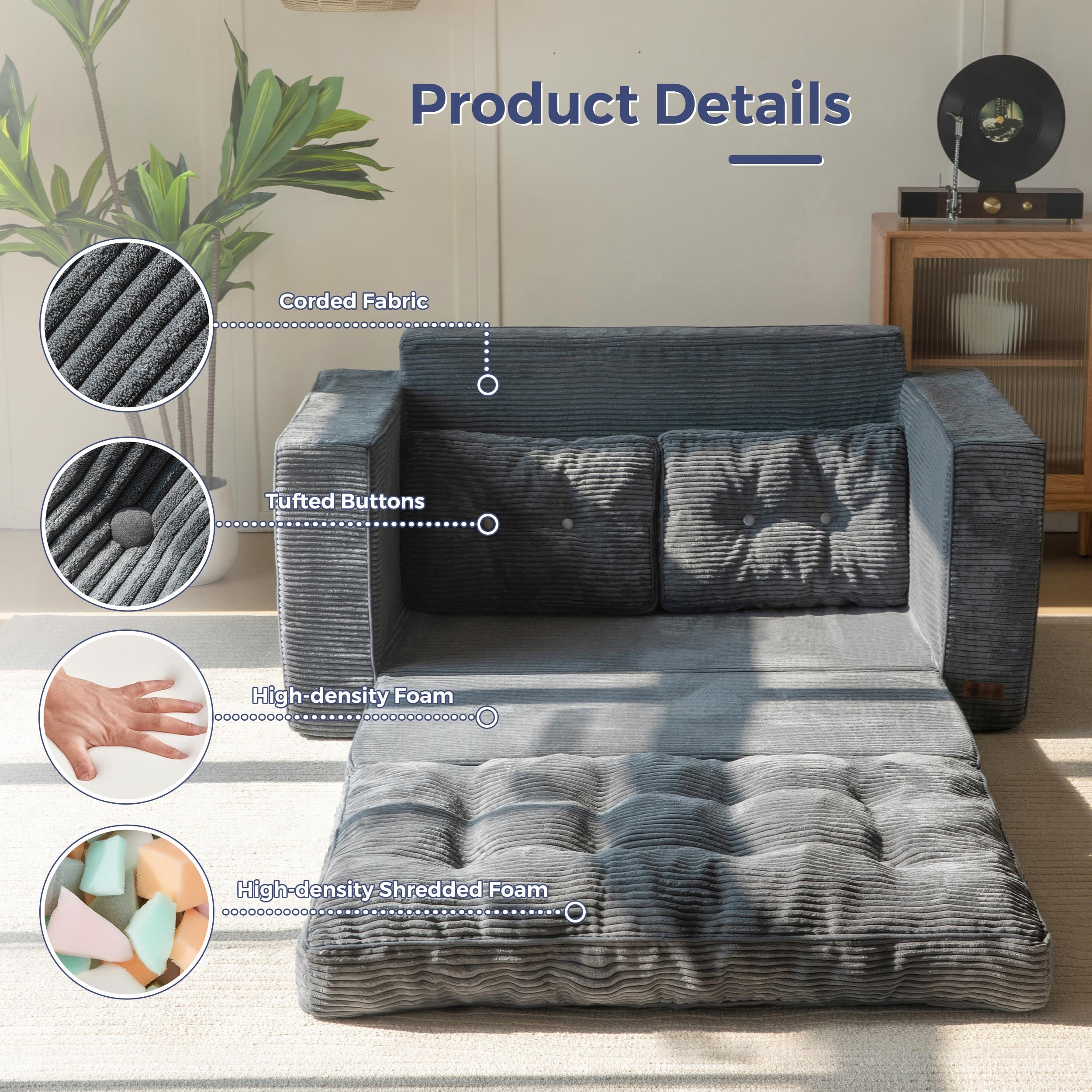 Convertible Sofa Bed, Pull-Out Loveseat Sleeper, 2-in-1 Folding Couch with Pillows for Living Room, Bedroom, Lounge, Dark Grey