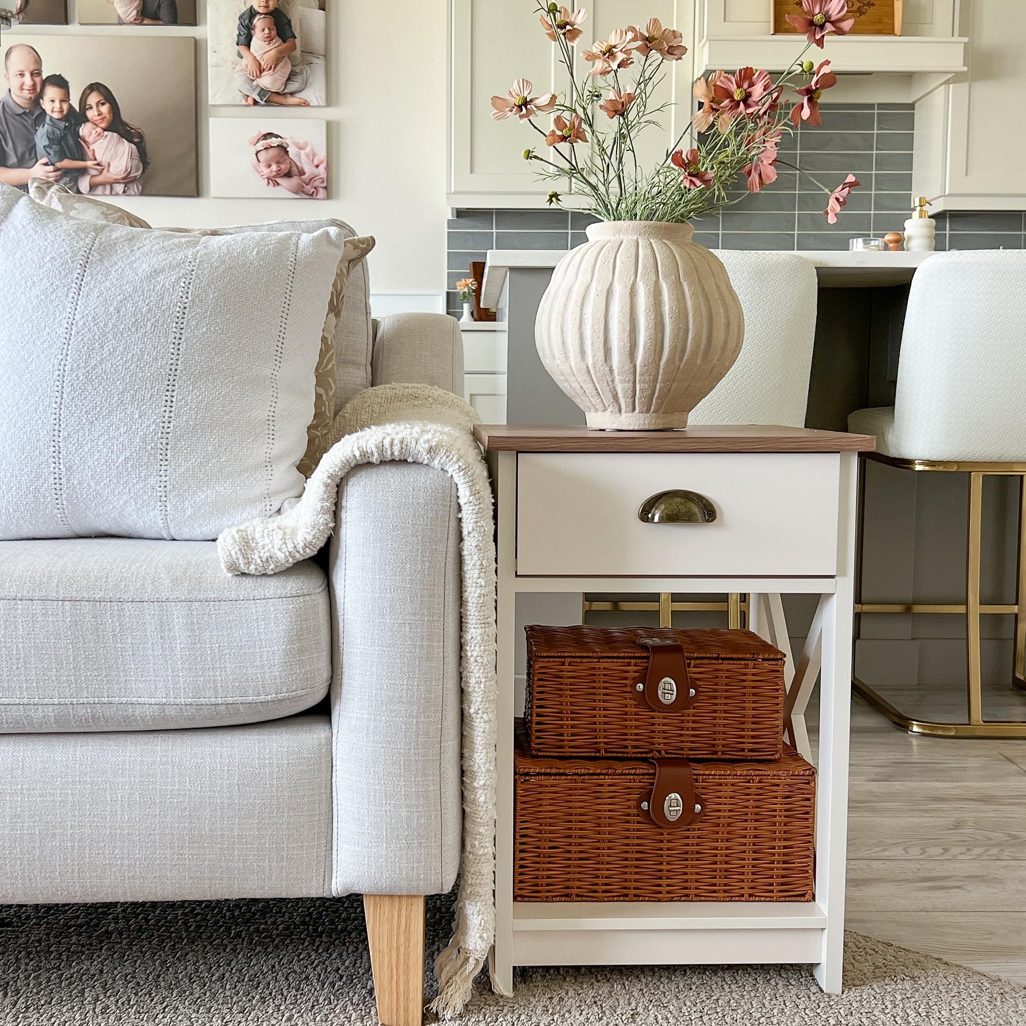 End Table Living Room Set of 2 - Farmhouse Bedroom Nightstands Small Bedside Table, Ivory White Side Table