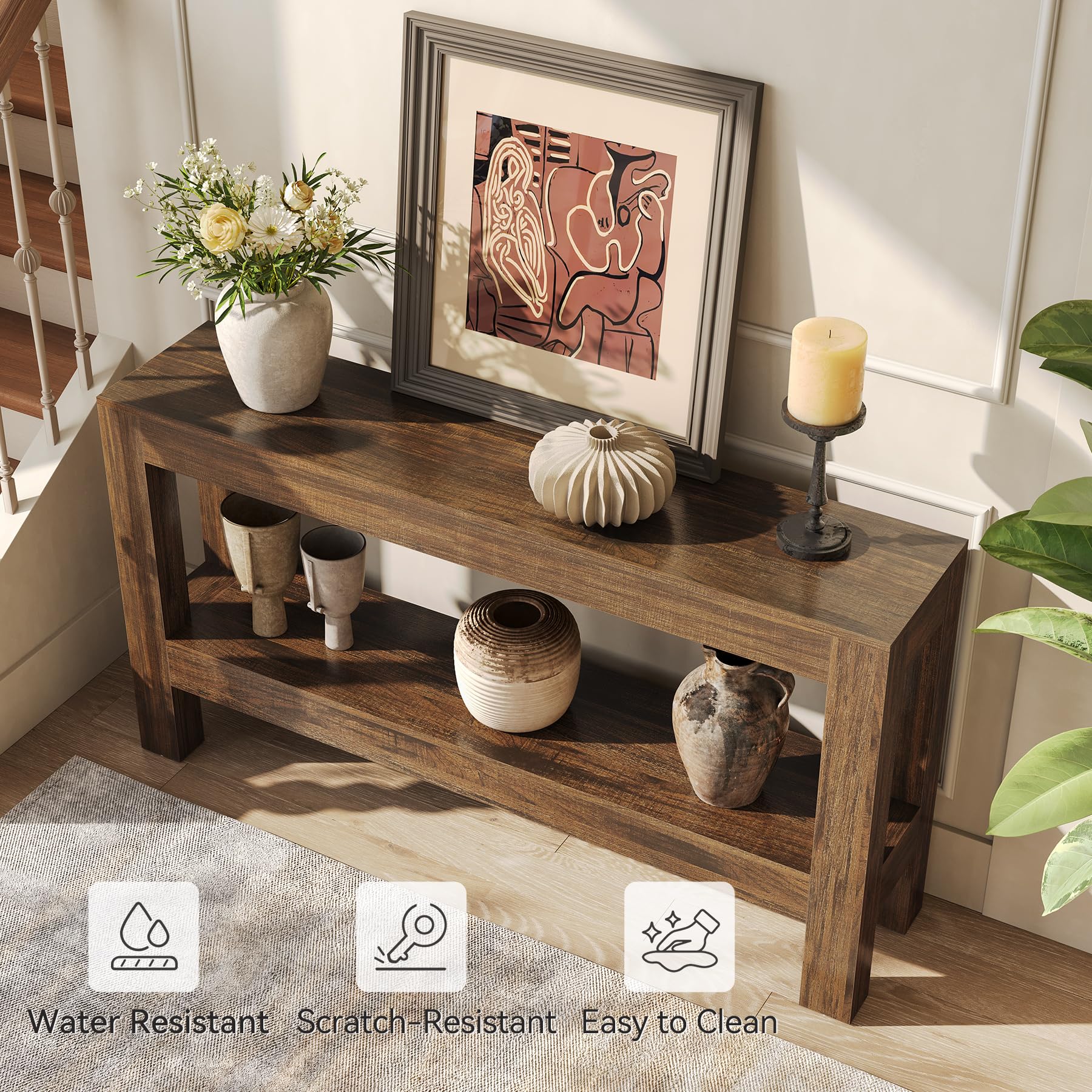 63-Inch Narrow Long Console Table for Living Room, Farmhouse Wood Entryway Table for Hallway, Sofa, Entry, Entrance, Foyer, Behind Couch with 2-Tier Shelves, Brown