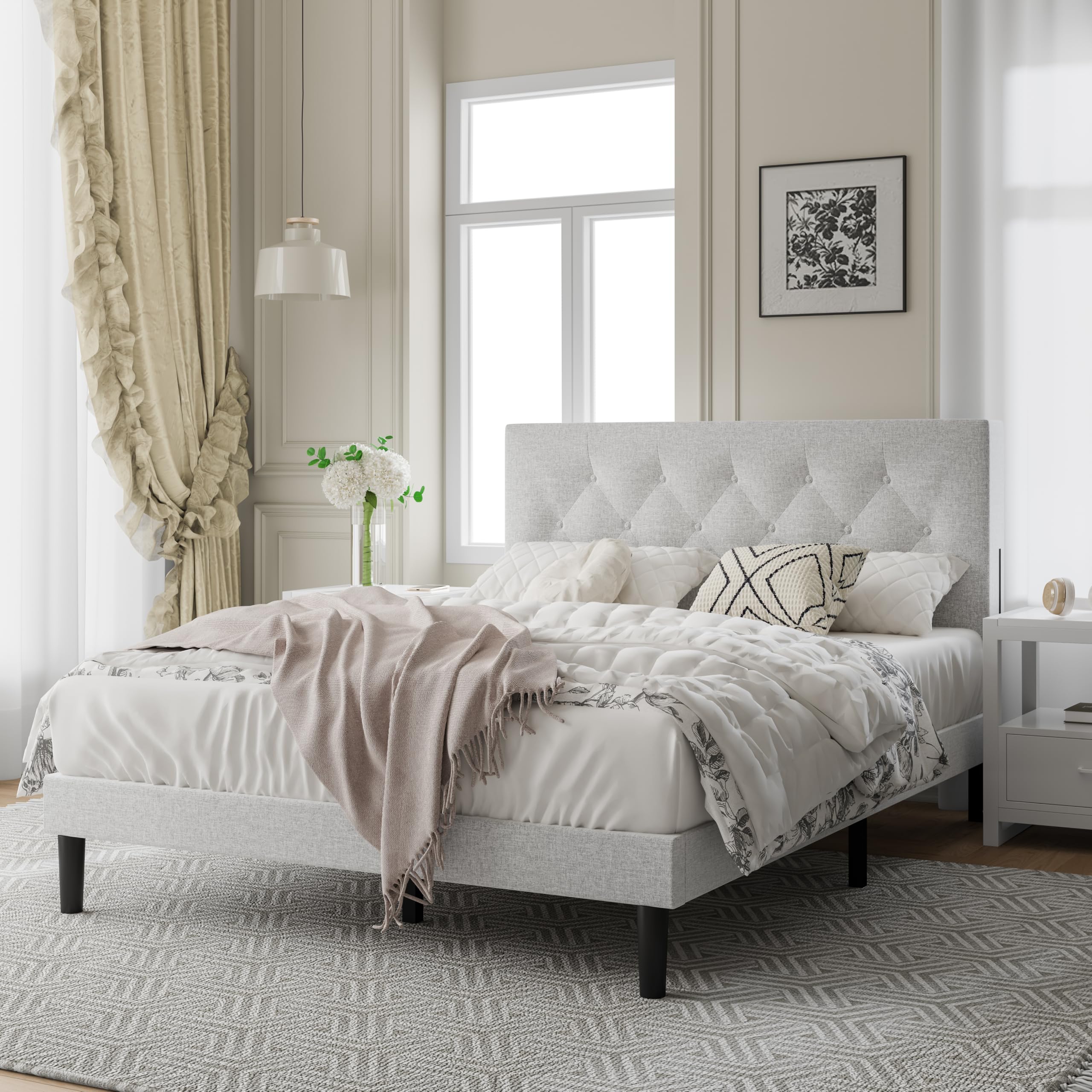 Full  with Fabric Button Upholstered Headboard and Wooden Slat Support, Sturdy Frame No Spring Mattress Required, Noiseless , Modern Bedroom