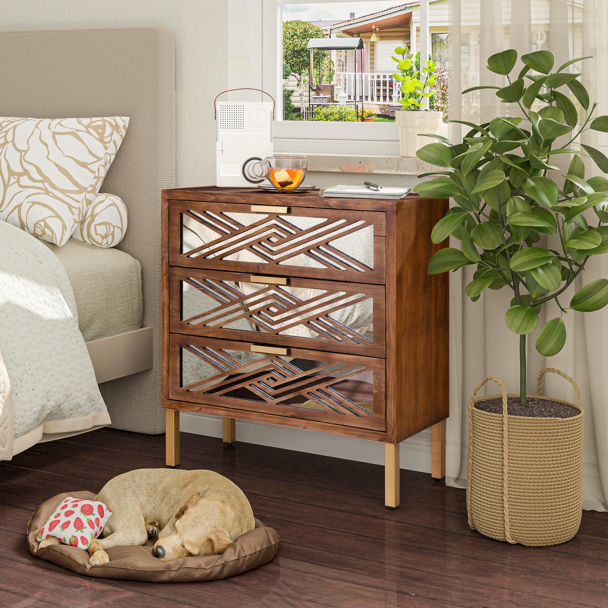 3-Drawer Accent Dresser with Mirror Fronts, Modern Farmhouse Accent Chest Clean-Lined Silhouette