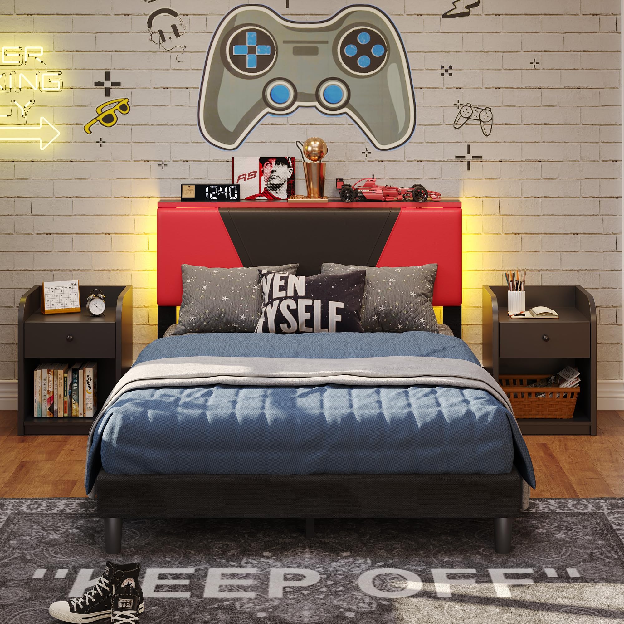 Full Size LED Bed Frame with Adjustable Headboard, Faux Leather Gaming Bed with Storage Shelf, Noise-Free Slats, Black-Red