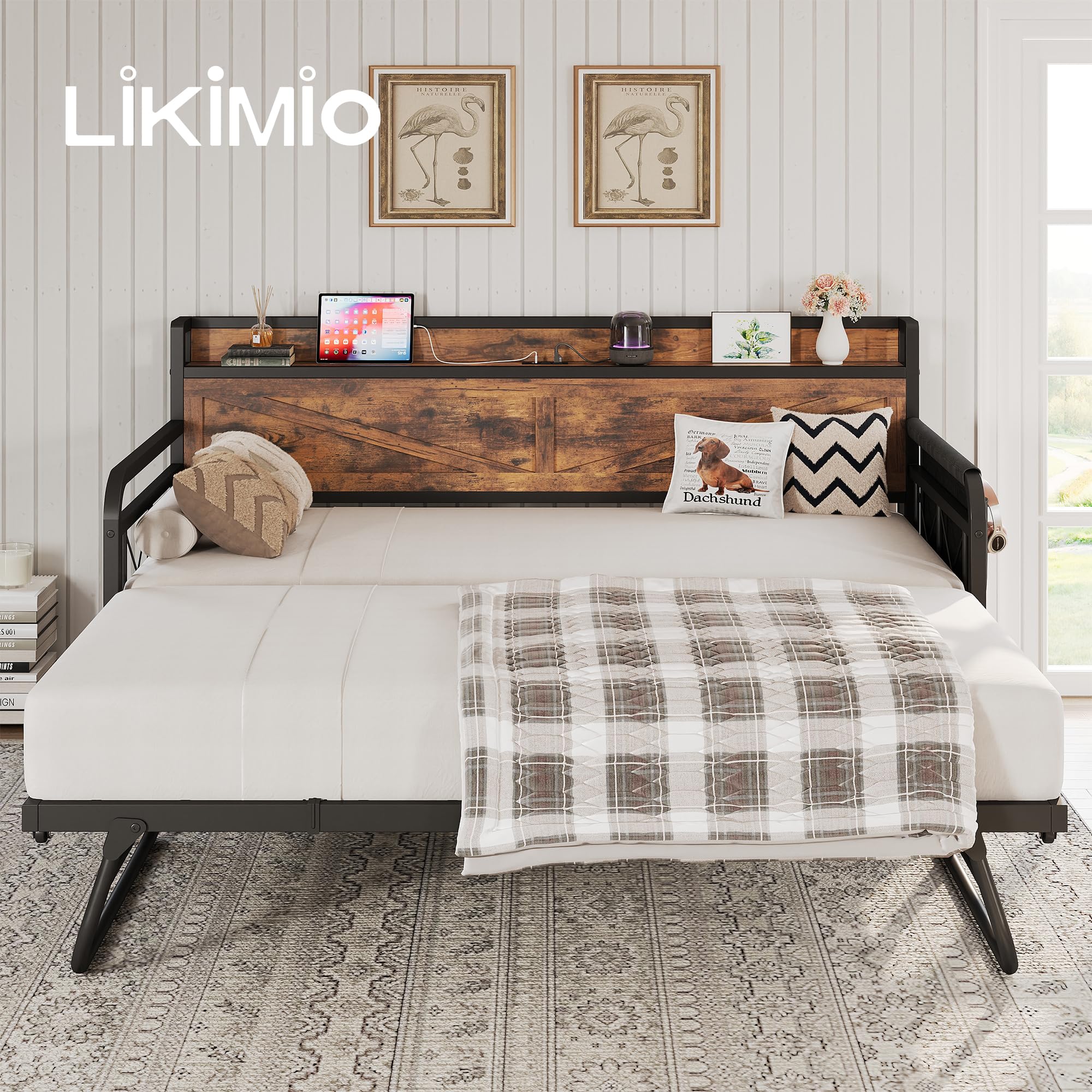 Twin Daybed with Trundle, Storage Headboard with Charging Station, Sturdy Sofa Bed for Bedroom, Living Room, Industrial Brown
