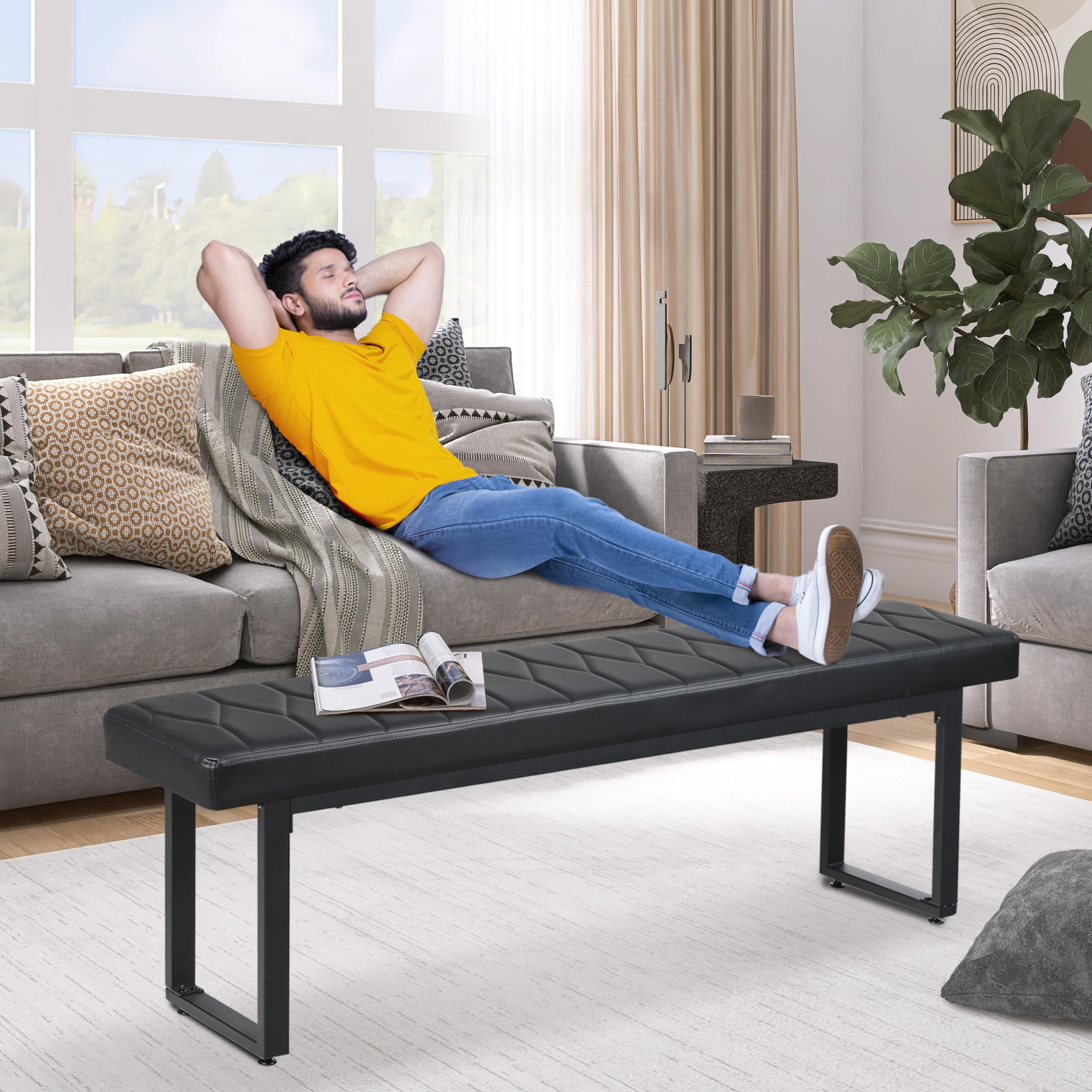 Set of 2 Padded 58" Dining Benches, Faux Leather Extra Long Cushioned Seats for 6–8 People, Entryway, Bedside, Dining Room, Black