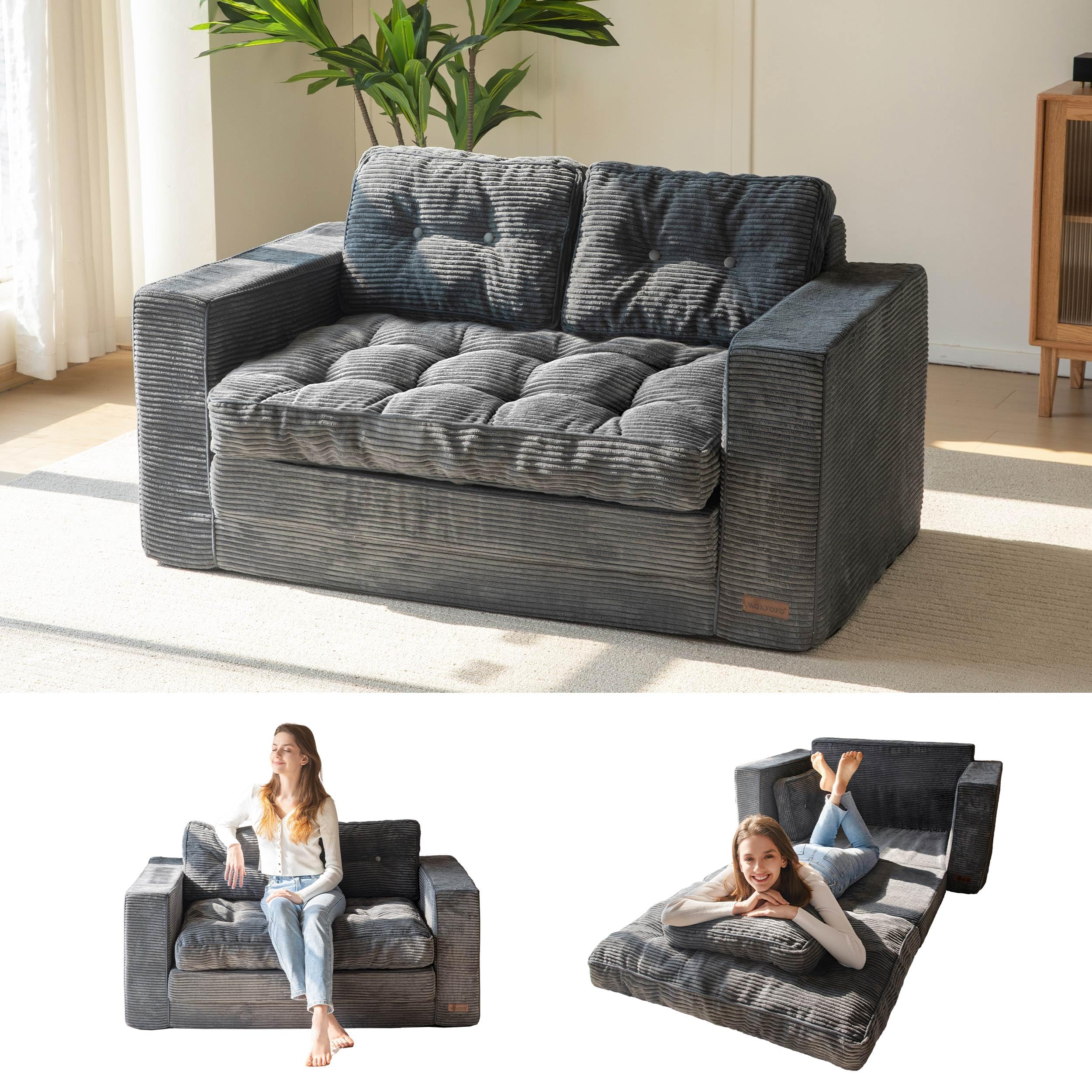 Convertible Sofa Bed, Pull-Out Loveseat Sleeper, 2-in-1 Folding Couch with Pillows for Living Room, Bedroom, Lounge, Dark Grey