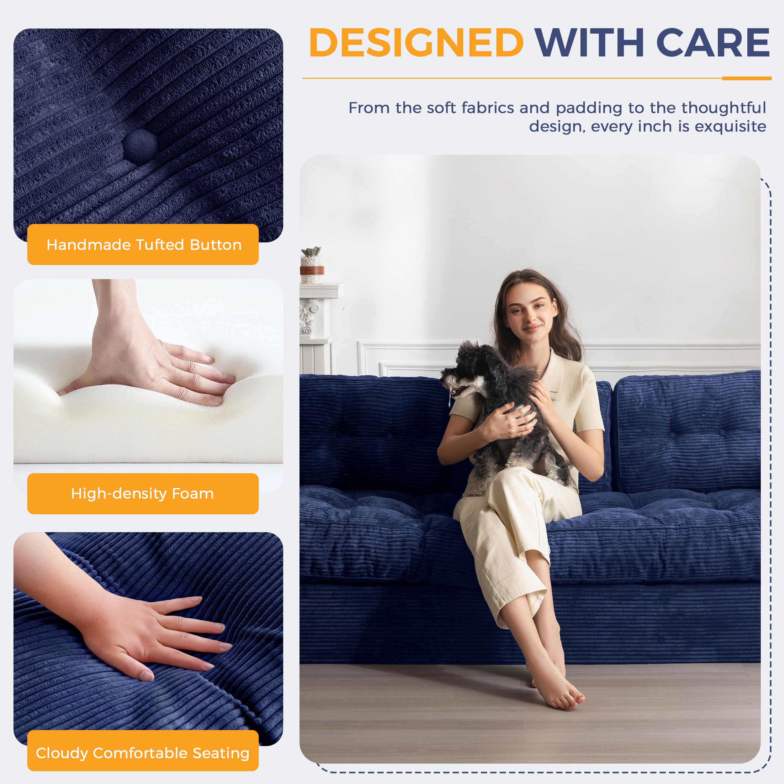 3 Seater Couch for Living Room, Boneless Couch with Tufted Cushion & Backrest, Upholstered Floor Sofa with Armrests, Sofa in A Box, No Assembly Required, Navy