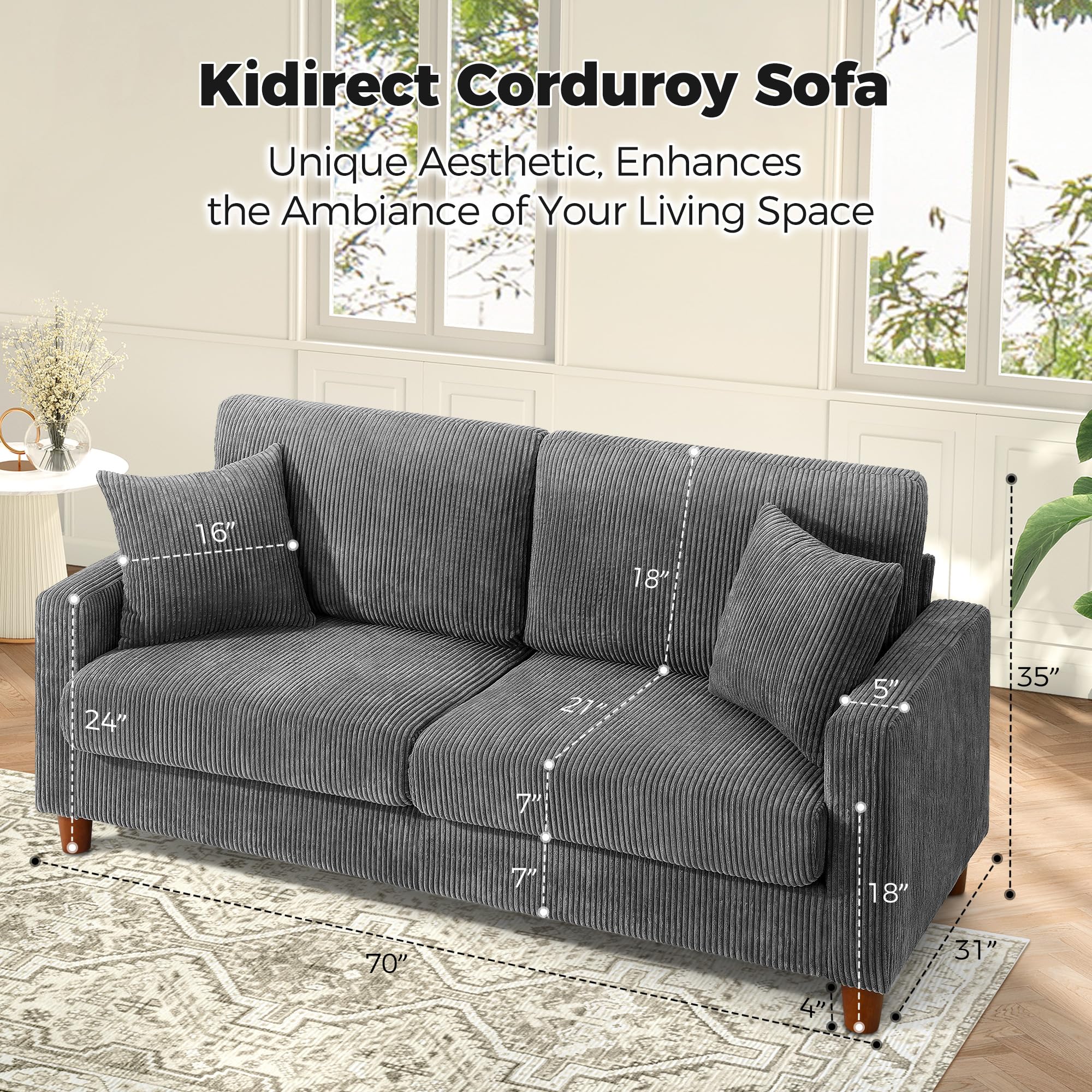 70" Grey Sofa with 21" Extra Deep Seats, Comfy Corduroy Loveseat with 2 Pillows, No-Tool Assembly, Oversized Couch for Living Room, Bedroom