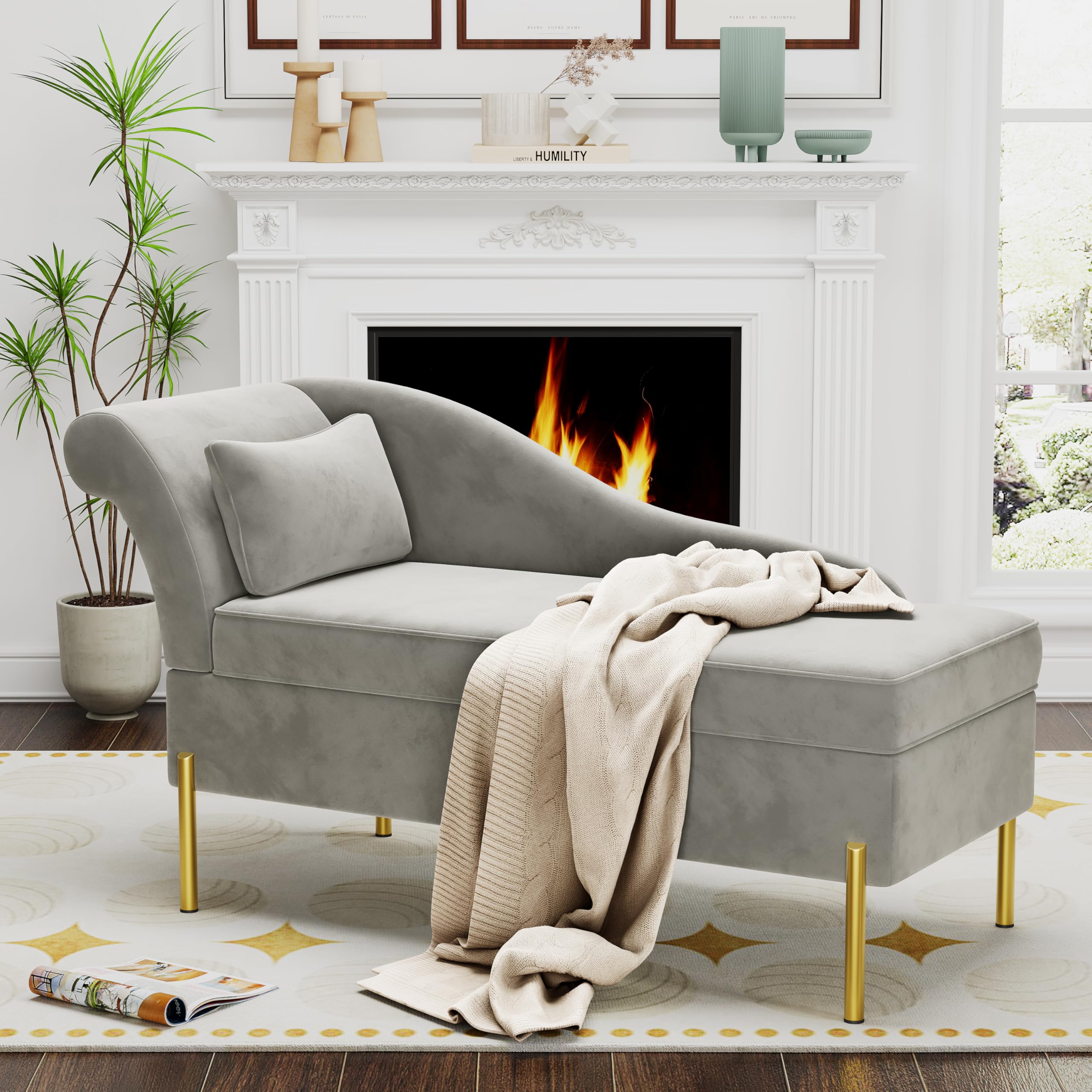 Velvet Chaise Lounge with Storage, Tufted Upholstered Recliner Sofa Chair for Bedroom, Living Room, Office, Light Grey, Left Armrest