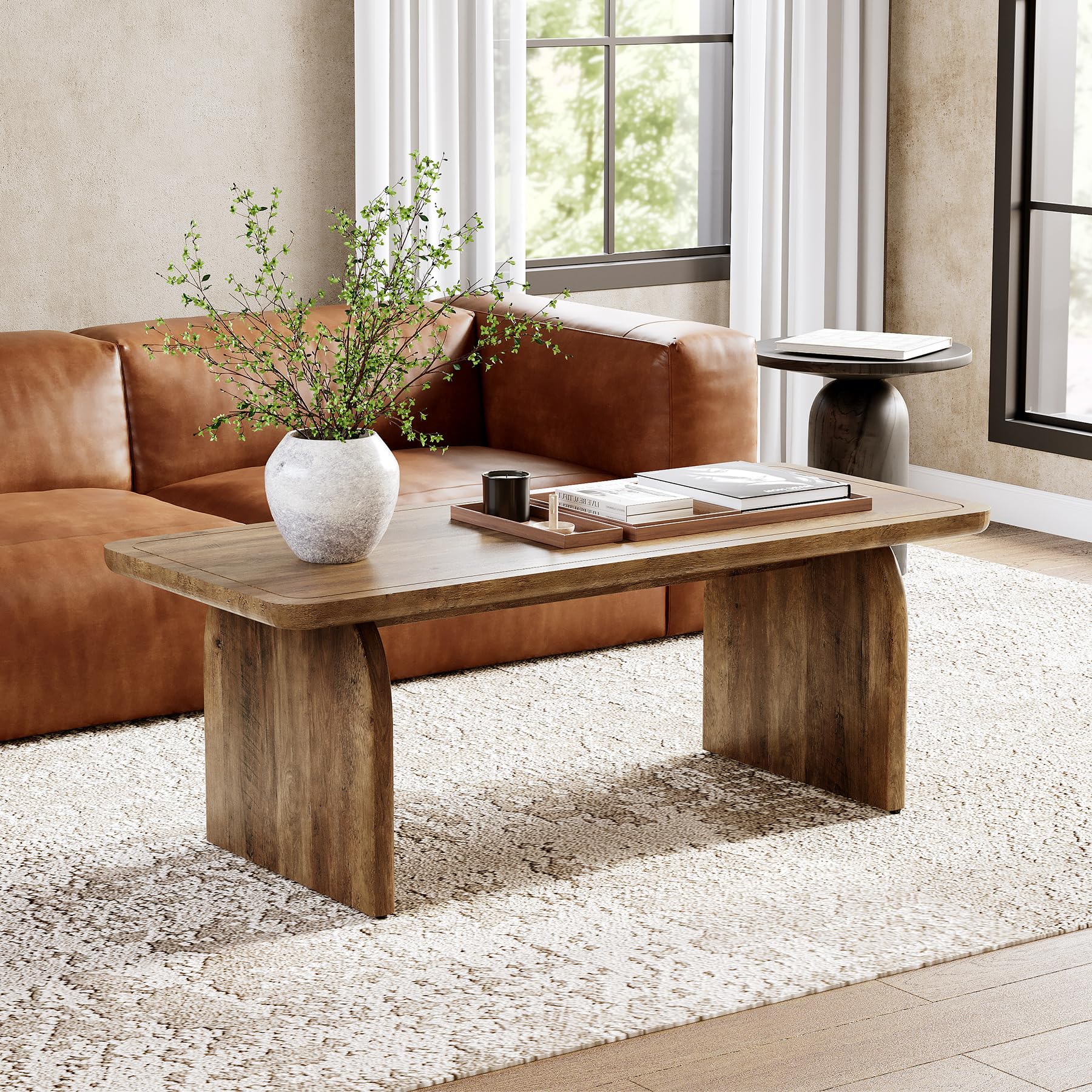 Farmhouse Coffee Table – 47" Rustic Brown Wood Center Table with Rounded Corners, Modern Rectangular Tea Table for Living Room