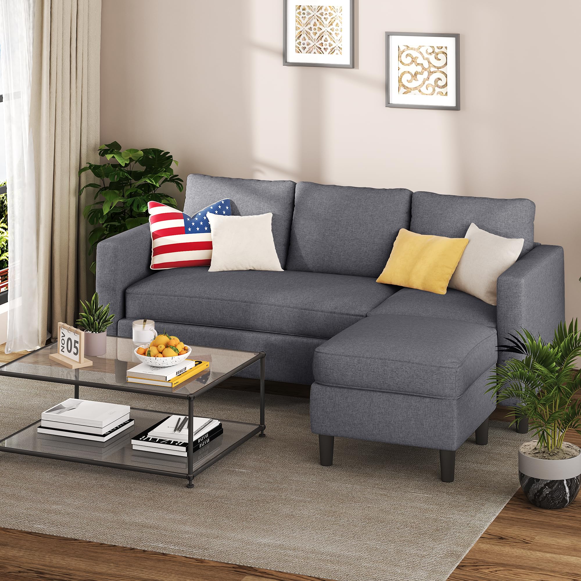 Small Sectional Couch, 3-Seat L-Shaped Sofa with Ottoman, Convertible Fabric Upholstered Sofa for Apartment, Living Room, Office, Dark Grey