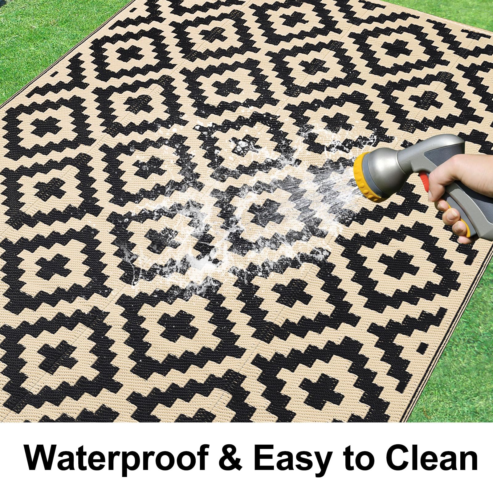 Waterproof Outdoor Rug 5x8 ft, Reversible Plastic Straw Patio Camping Mat, Indoor Outdoor RV Carpet for Backyard, Deck, Picnic, Black & Beige