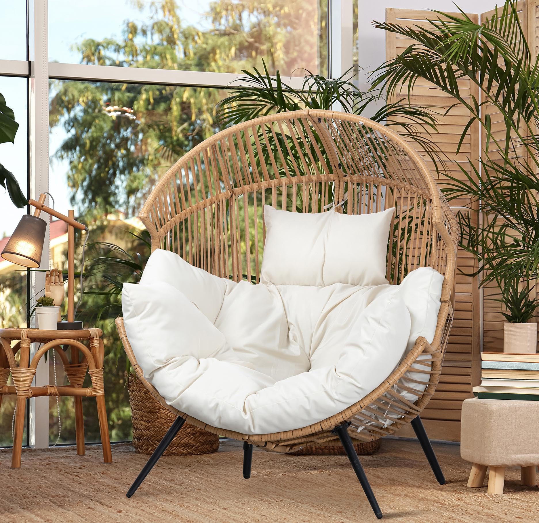 Egg Chair Wicker Outdoor Chairs, Oversized Patio Lounger with Cushion for Indoor Living Room, Bedroom, Backyard, Balcony, Beige