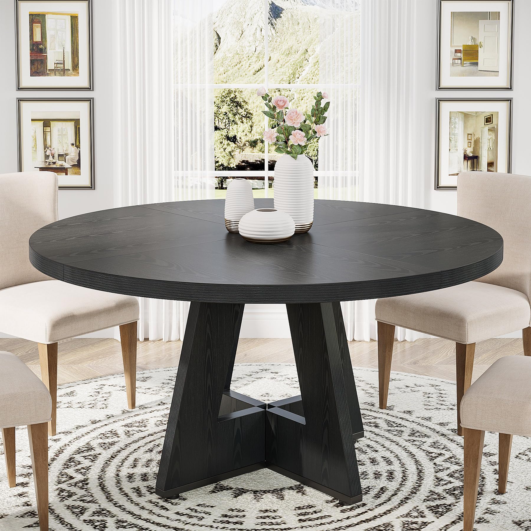 Round Dining Table Wood Kitchen Table for Dining Room, 47 in Dinning Room Tables for 4 Man, Farmhouse Dinner Table with Wooden Tabletop
