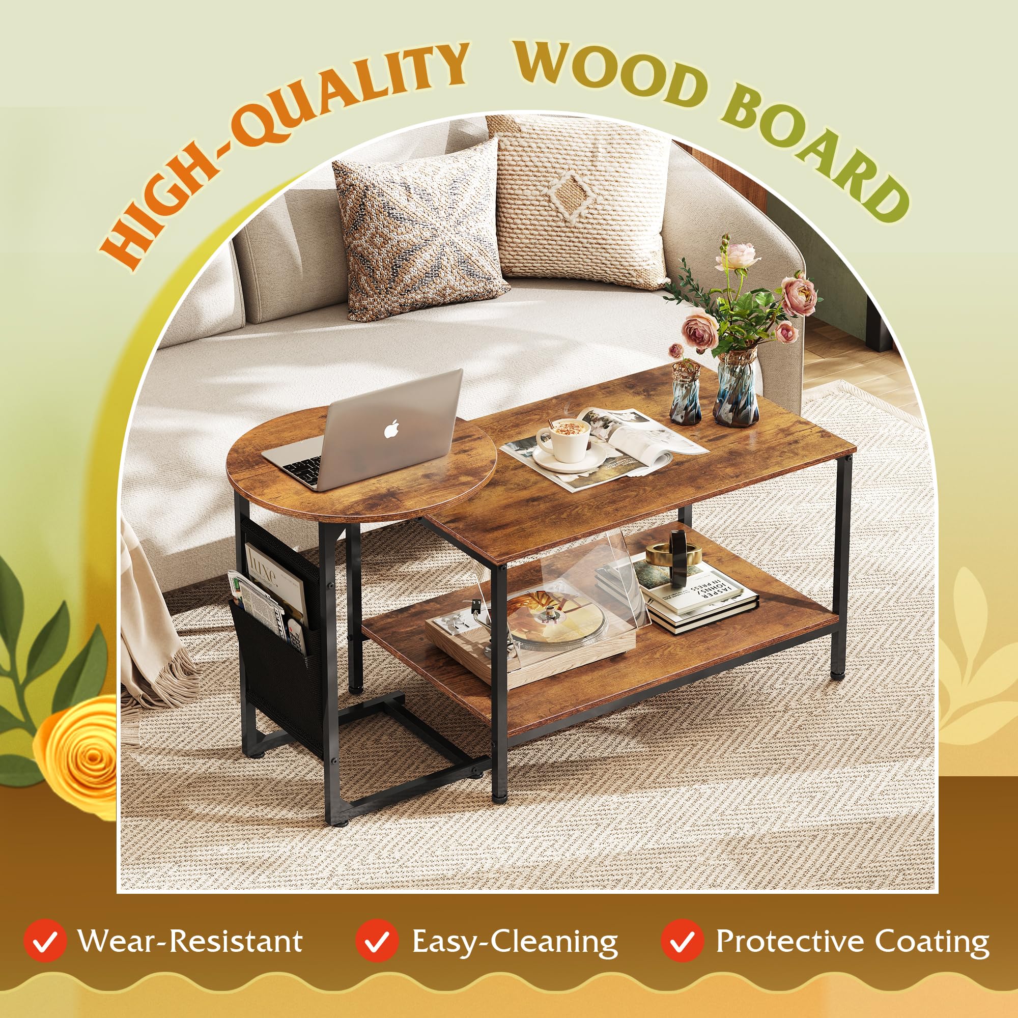 Set of 2 Coffee Tables, 31.3" & 18.7" Modern Center & Side Table with Storage Pouch for Living Room, Bedroom, Apartment, Rustic Brown