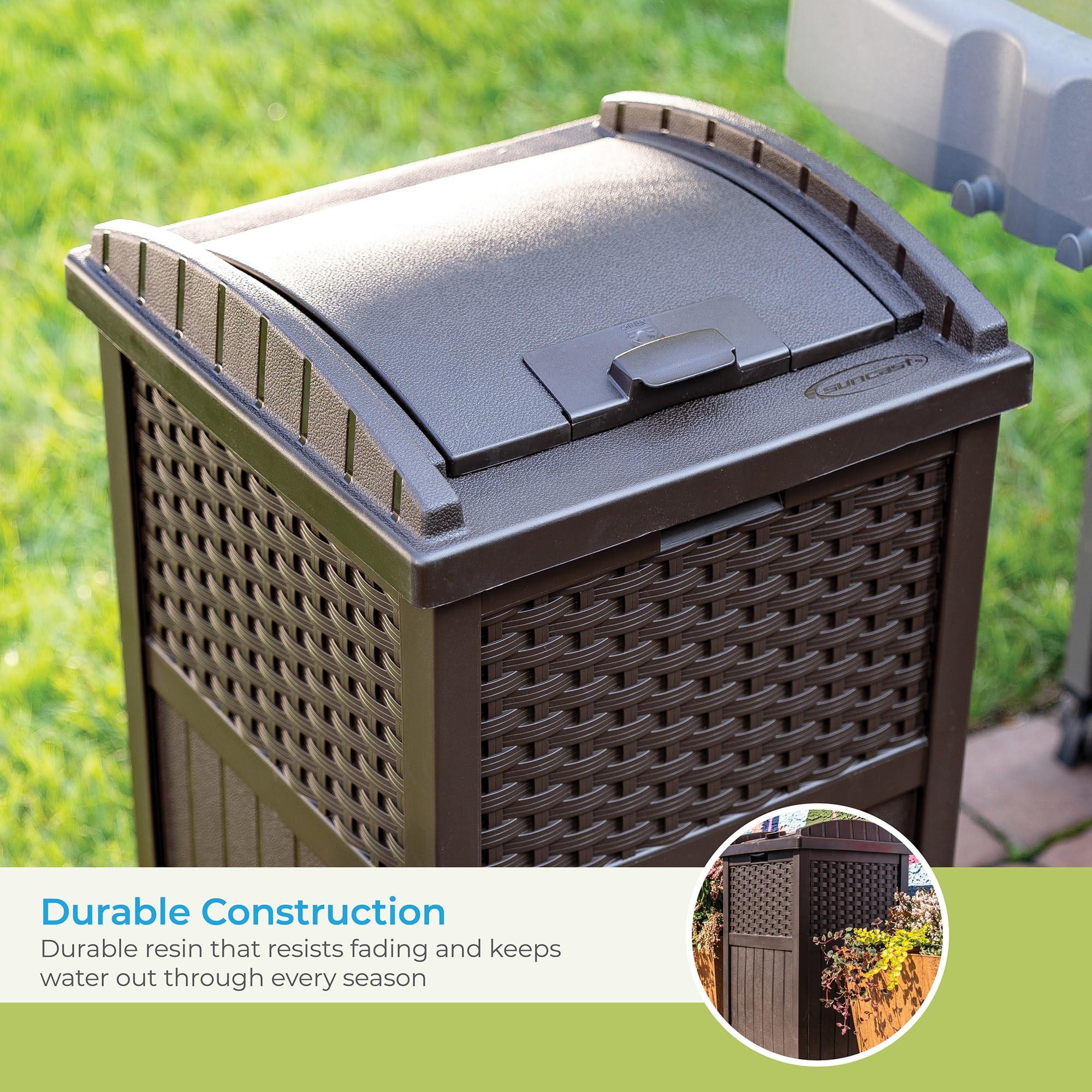 33 Gallon Commercial Outdoor Trashcan Hideaway with Lid for 30 to 33 Gallon Trash Bags for Garage, Backyard, or Garden, Brown
