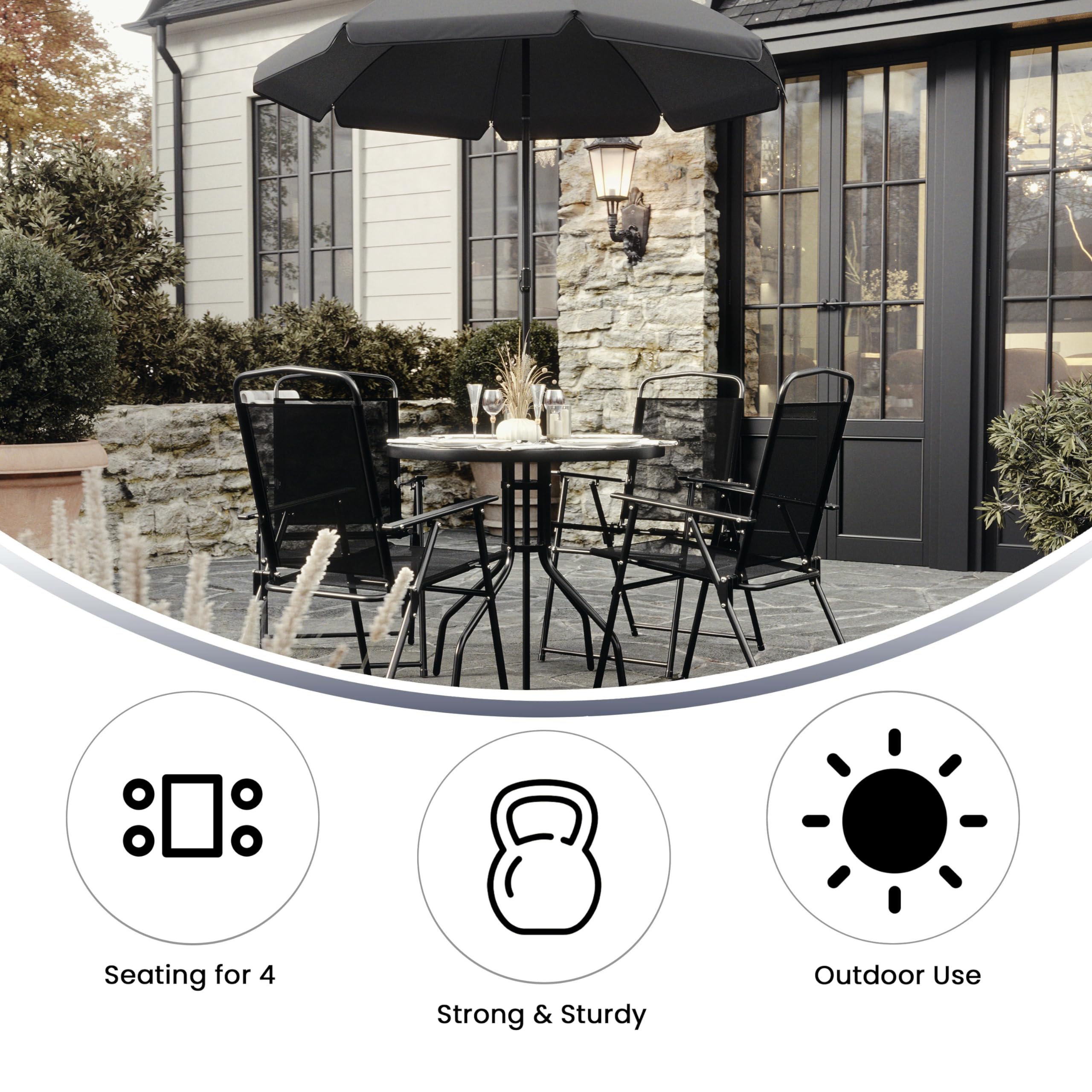 Nantucket 6-Piece Patio Dining Set with Glass Table, 4 Folding Chairs, and Umbrella, Outdoor Patio Set, Black