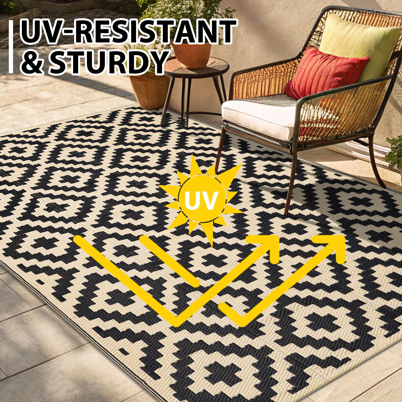 Waterproof Outdoor Rug 5x8 ft, Reversible Plastic Straw Patio Camping Mat, Indoor Outdoor RV Carpet for Backyard, Deck, Picnic, Black & Beige