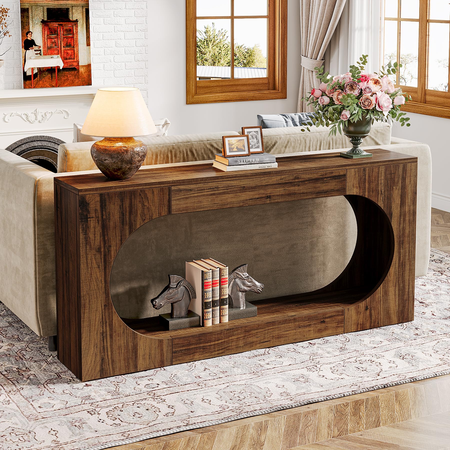 Console Table, 63 Inches Narrow Sofa Entryway Table with 2-Tier Storage Shelf, Hallway Behind Couch Table Accent Table for Living Room, Rustic Brown
