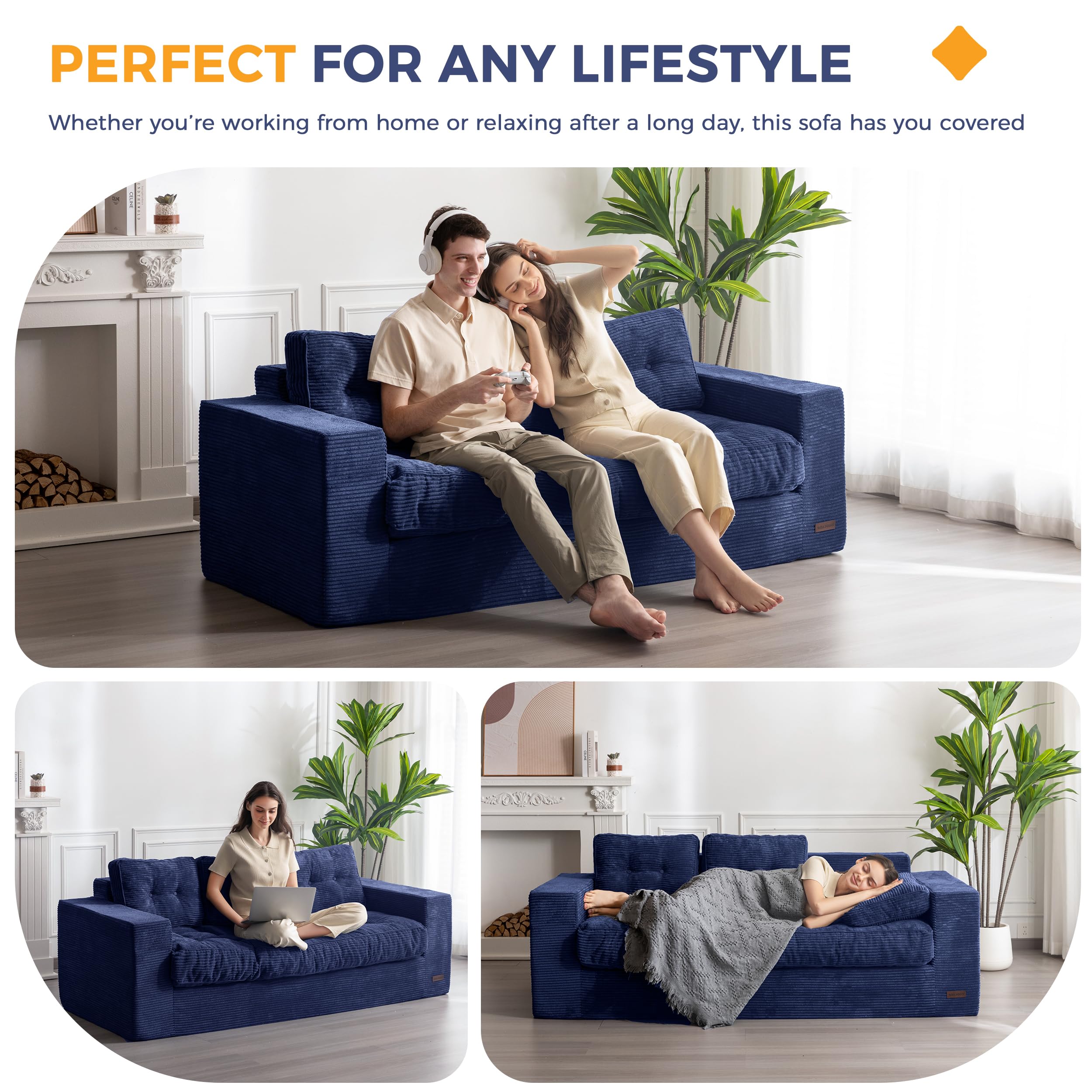3 Seater Couch for Living Room, Boneless Couch with Tufted Cushion & Backrest, Upholstered Floor Sofa with Armrests, Sofa in A Box, No Assembly Required, Navy