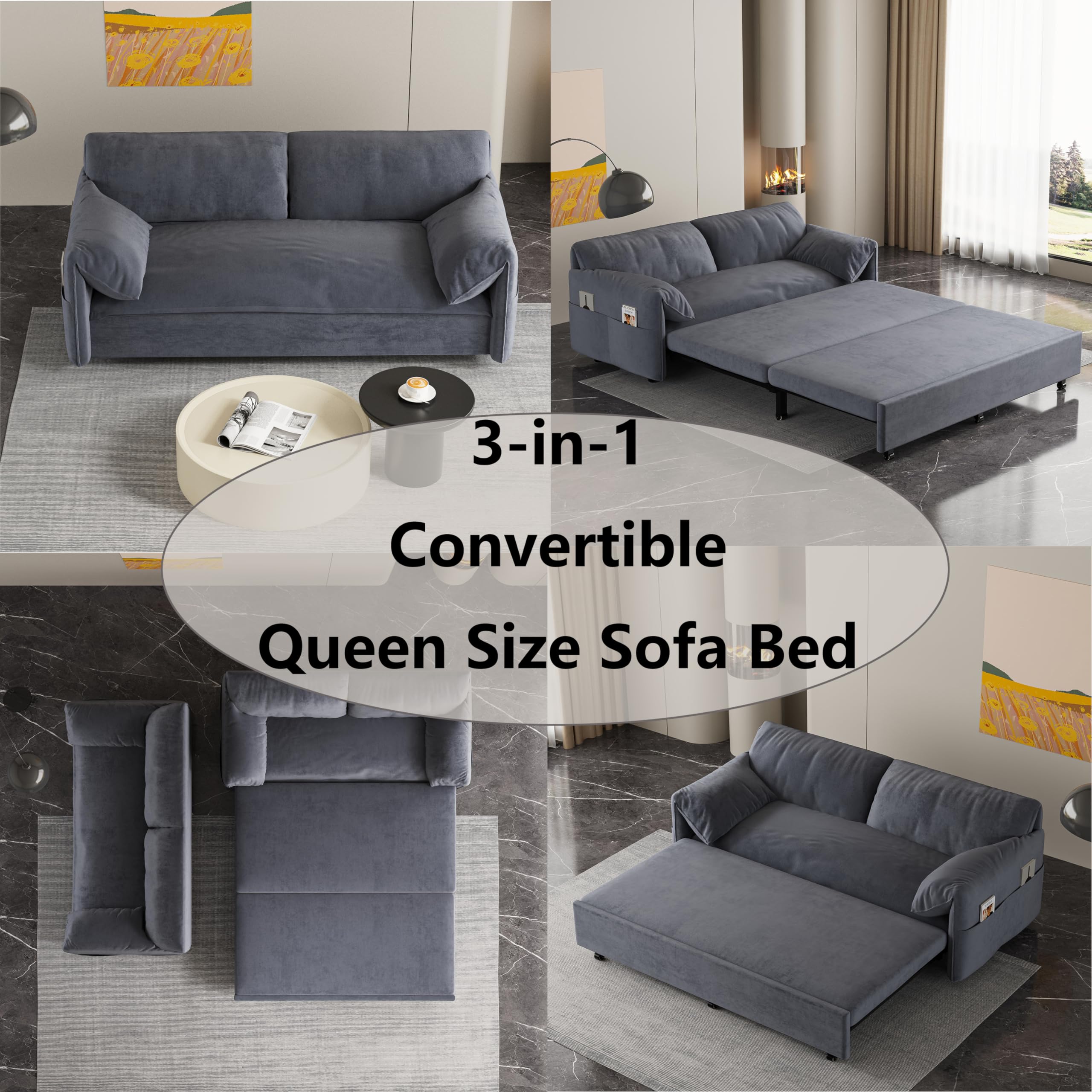 66" Convertible Sleeper Sofa Bed, Velvet Loveseat Pull-Out Couch with Armrest, Backrest & Side Pockets, RV Chaise Lounge for Living Room