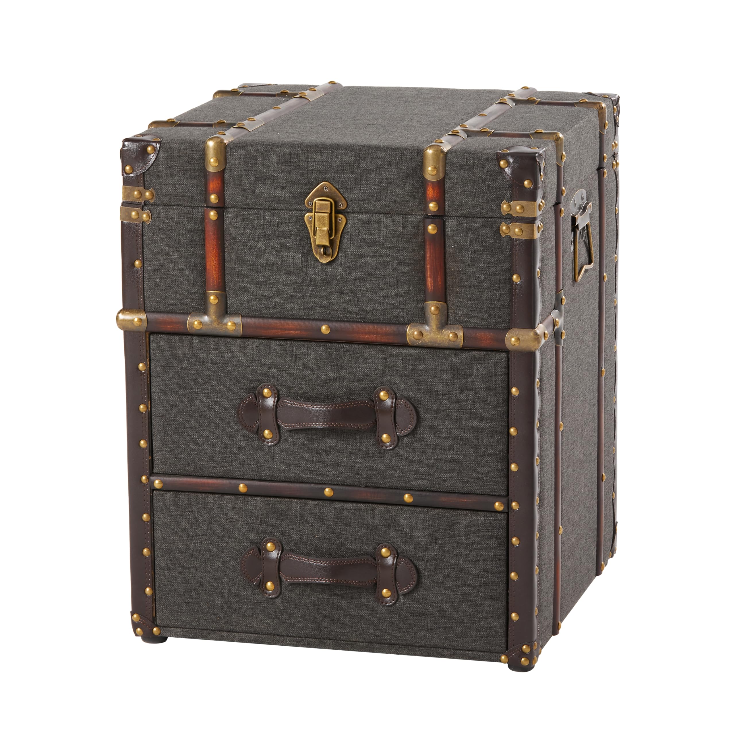 Vintage Storage Chest with Buckle Hinged Top, Linen Accent End Side Table for Living Room, Office, Bedroom, Rectangle, Grey