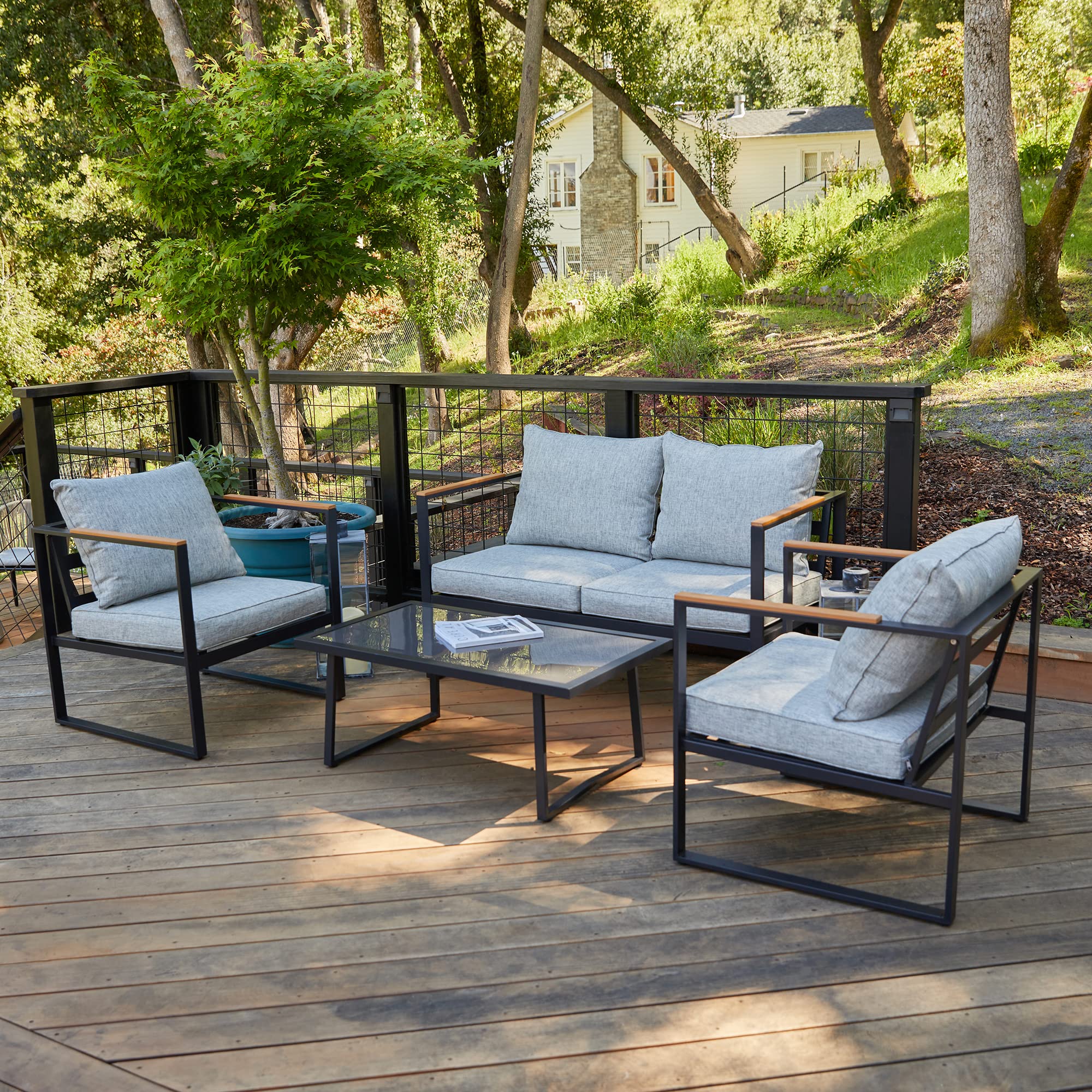 4-Piece Patio Furniture Set with Sofa, Washable Cushions & Tempered Glass Table, Outdoor Conversation Set for Backyard, Light Gray & Black