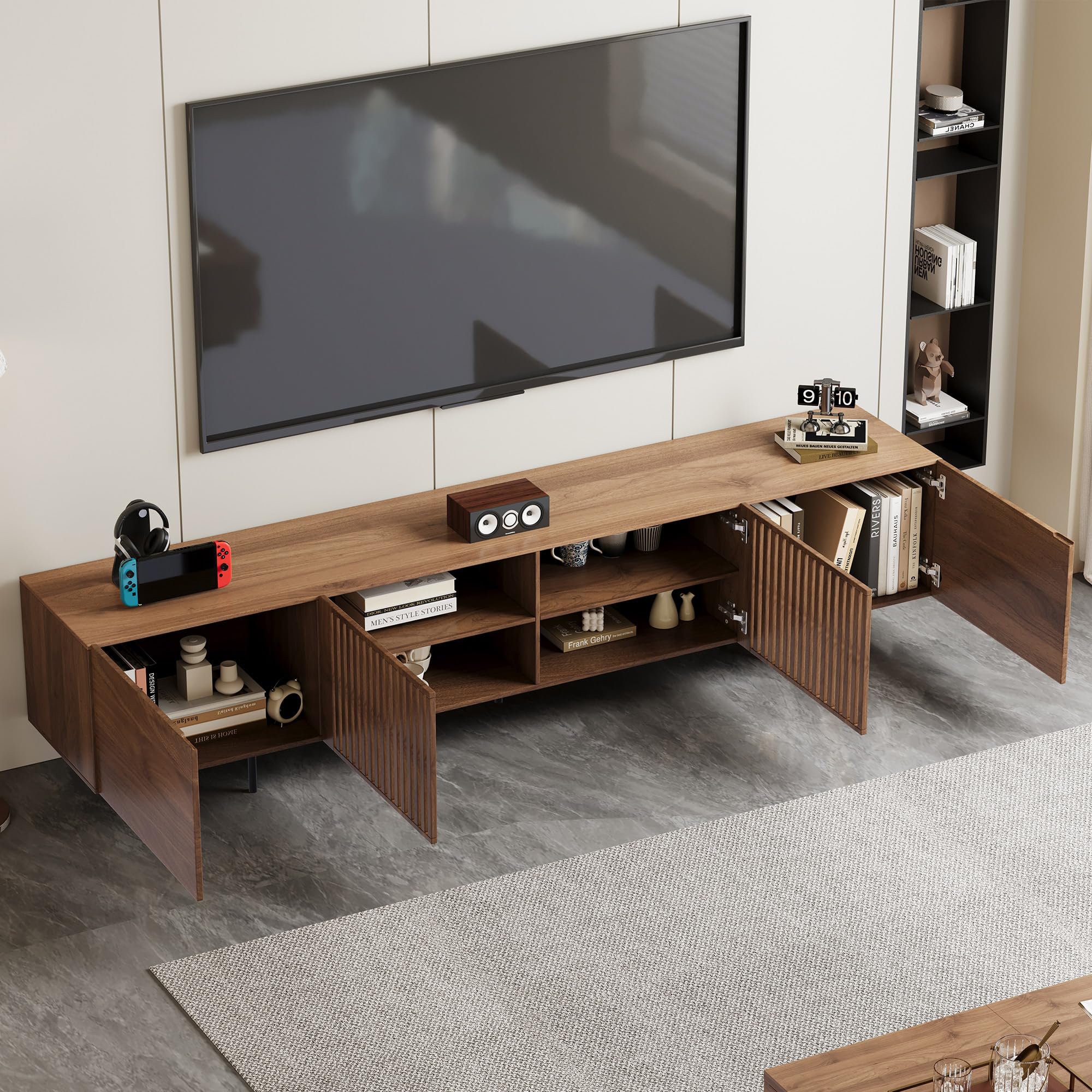 Modern Walnut TV Console for 70 Inch Screen – 70.87” Media Unit with Grille Doors and Drawers for Living Room & Bedroom