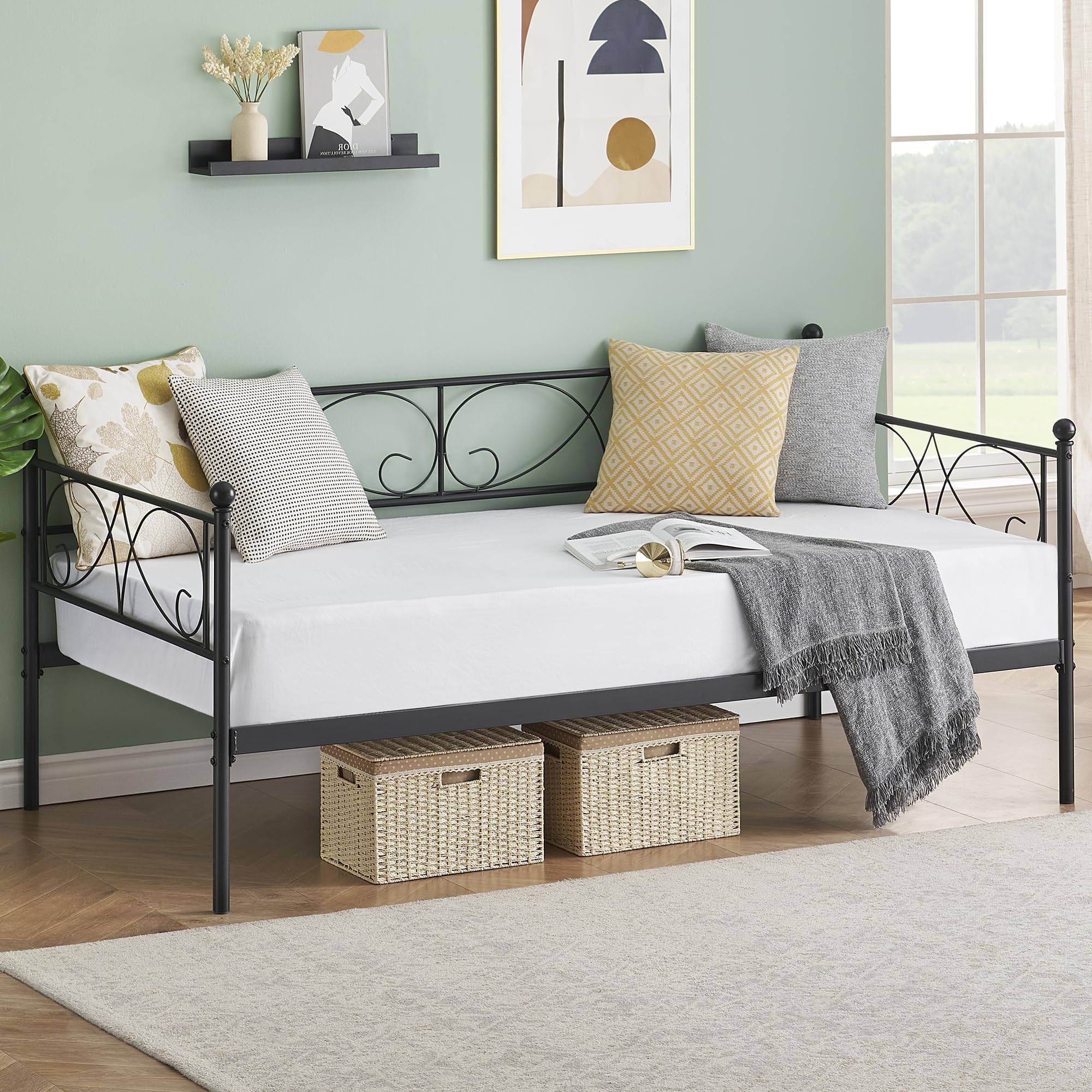 Twin Daybed with Trundle, Metal Trundle Bed, Sofa Bed Frame, Heavy Duty Metal Slats, for Living Room, Bedroom, Guest Room, Space Saving, Black