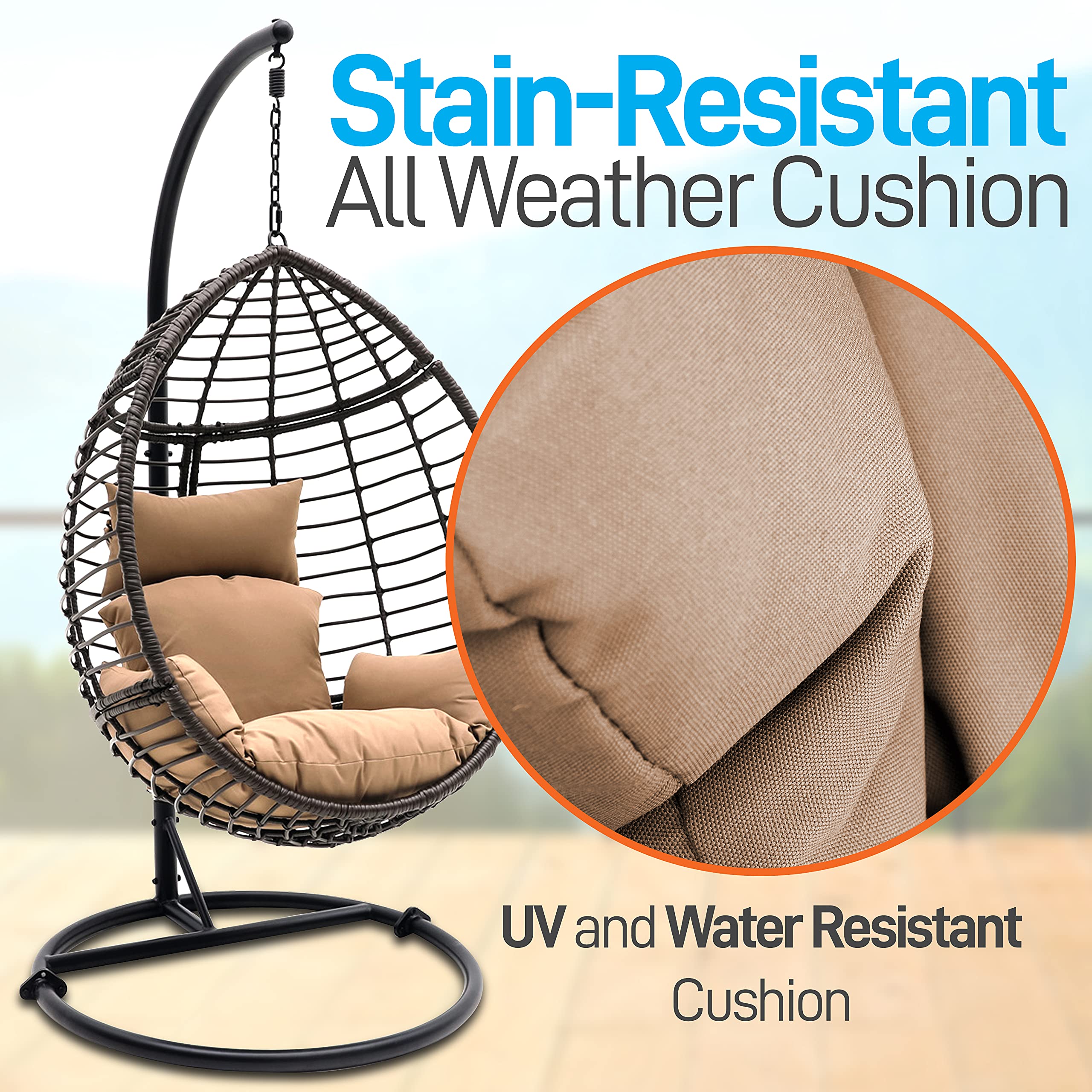 Hanging Wicker Egg Swing Chair with Stand, Indoor Outdoor Rattan Chair with Cushions, 66 lbs Capacity, Powder-Coated Steel Frame, Brown