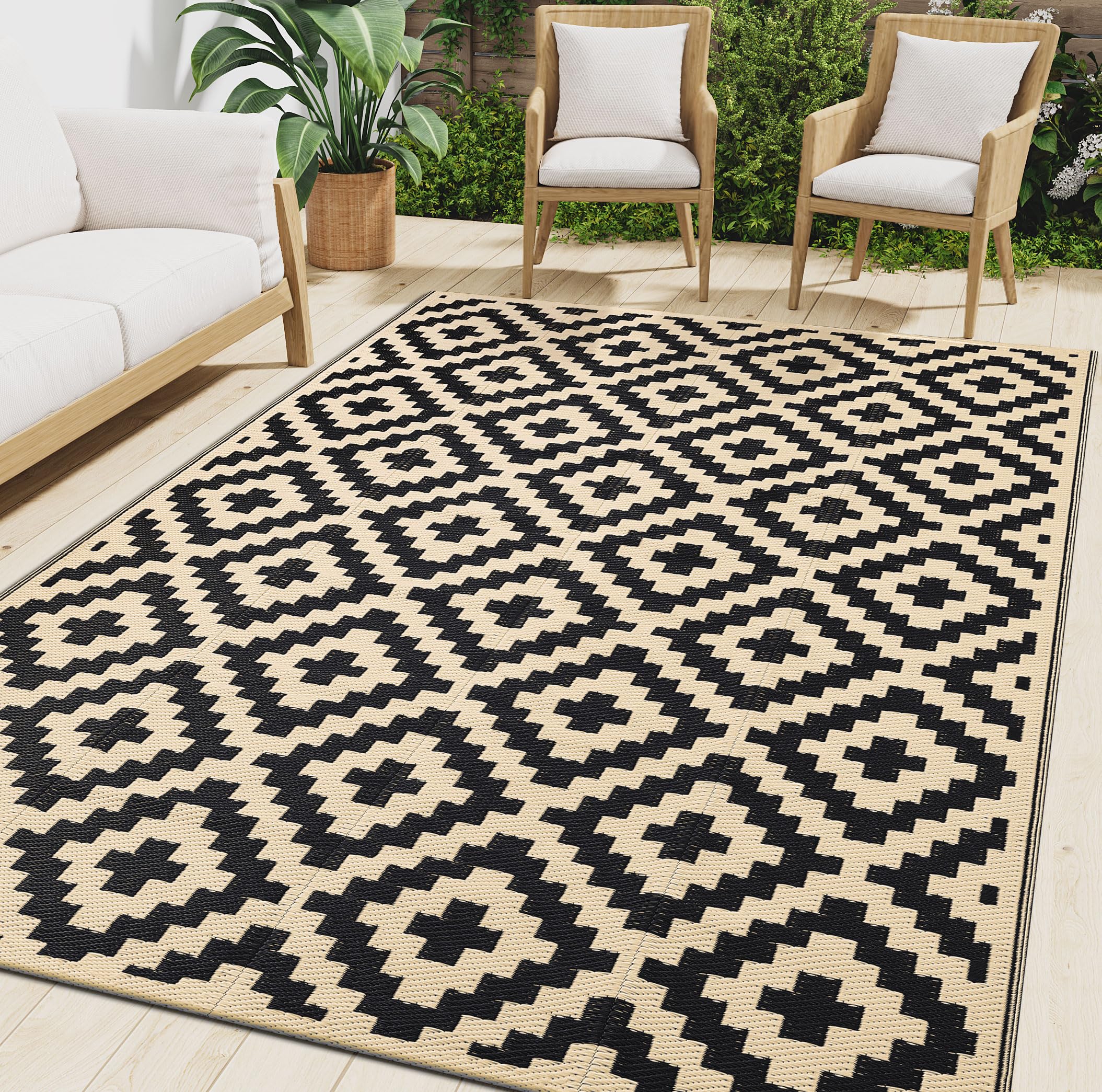 Waterproof Outdoor Rug 5x8 ft, Reversible Plastic Straw Patio Camping Mat, Indoor Outdoor RV Carpet for Backyard, Deck, Picnic, Black & Beige