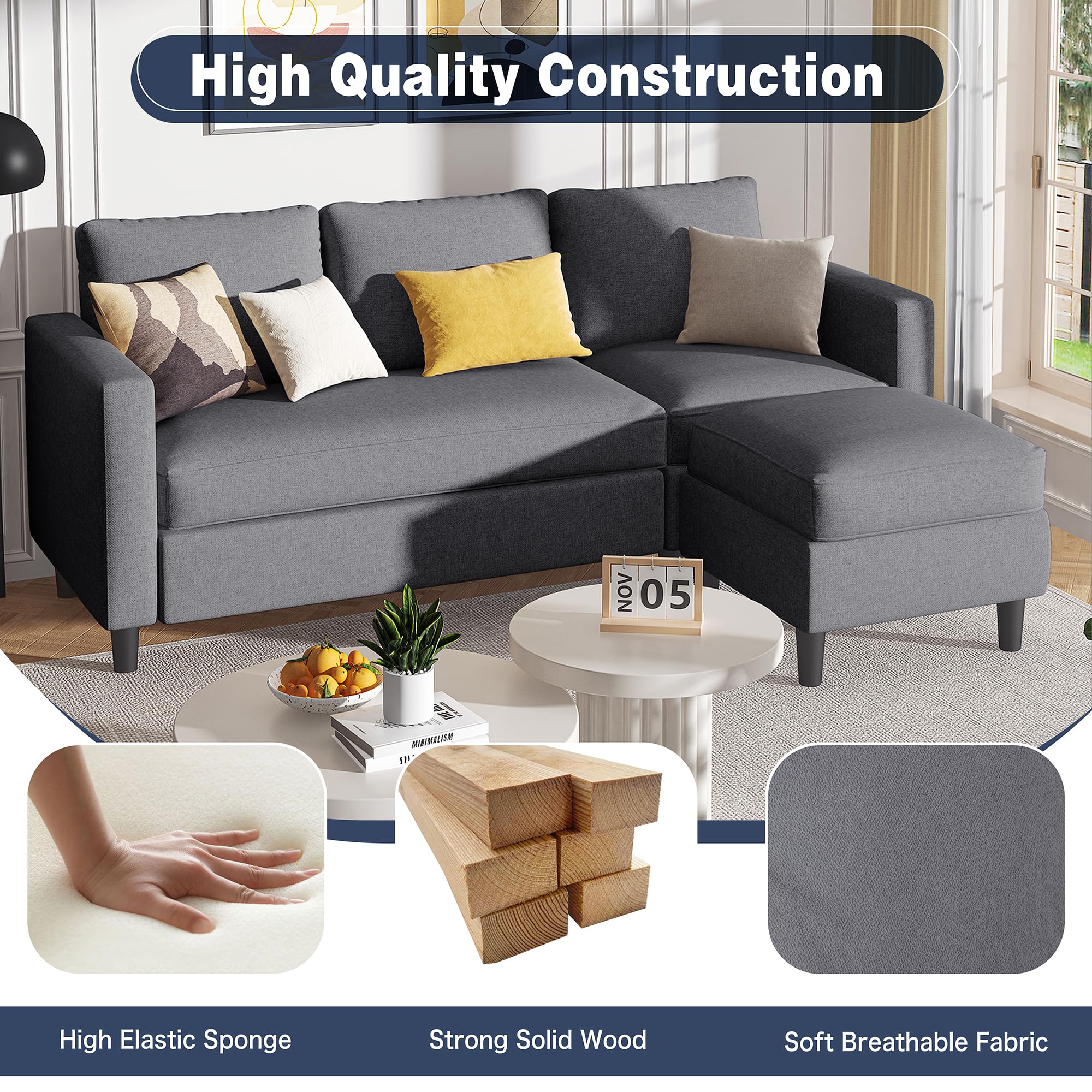 Small Sectional Couch, 3-Seat L-Shaped Sofa with Ottoman, Convertible Fabric Upholstered Sofa for Apartment, Living Room, Office, Dark Grey
