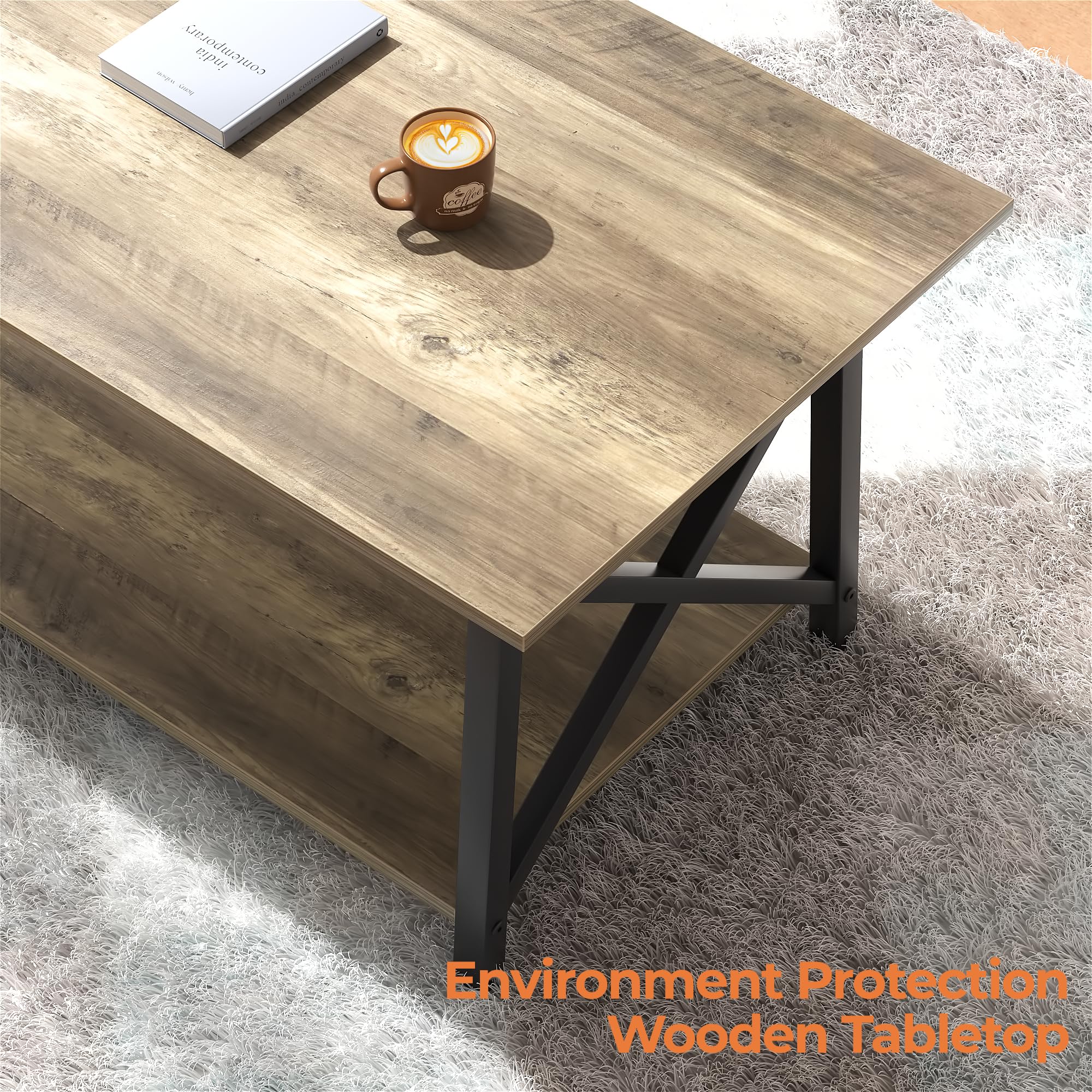 39" Coffee Table with Storage, Modern 2-Tier X-Frame Farmhouse Table for Living Room, Space-Saving, Easy Assembly, Grey Wash