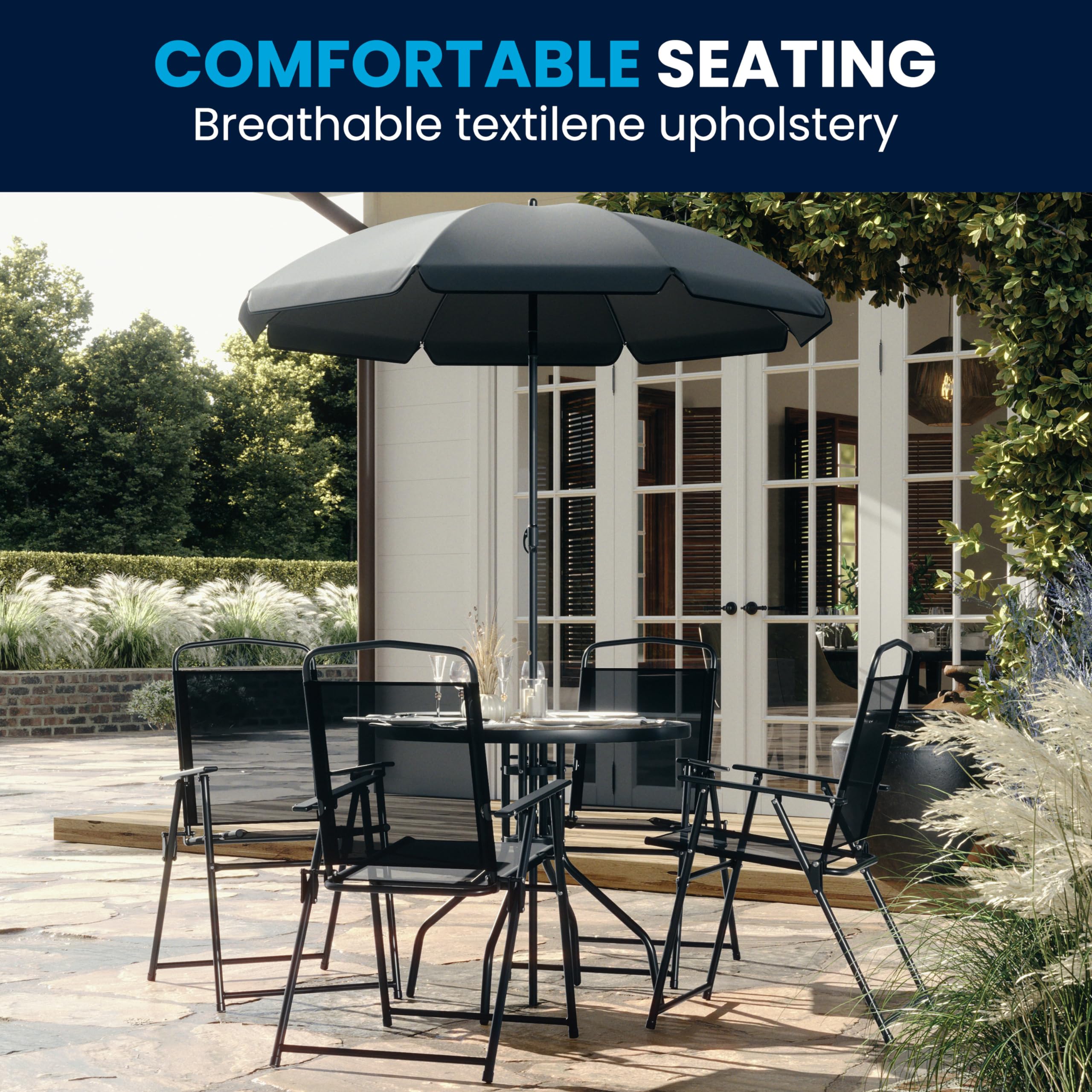 Nantucket 6-Piece Patio Dining Set with Glass Table, 4 Folding Chairs, and Umbrella, Outdoor Patio Set, Black