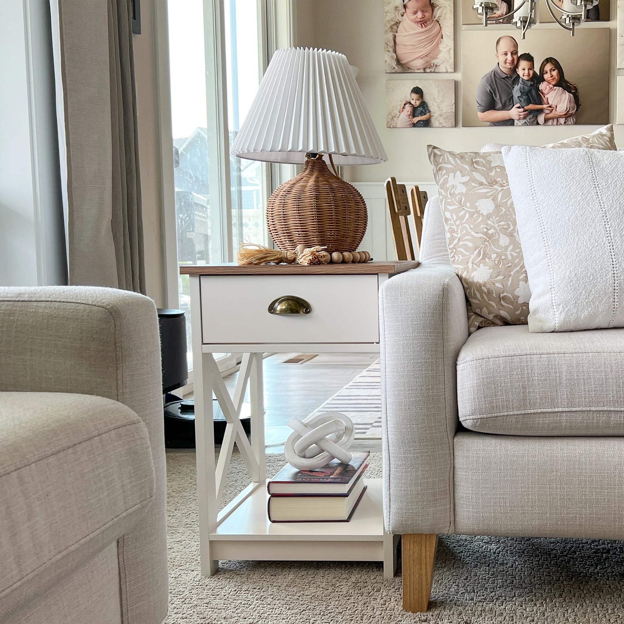 End Table Living Room Set of 2 - Farmhouse Bedroom Nightstands Small Bedside Table, Ivory White Side Table